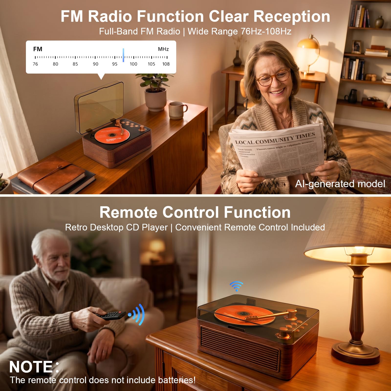Gueray Tragbarer CD Player Bluetooth CD-Player mit Lautsprecher & Radio & Fernbedienung Unterstützt USB/AUX Wiedergabe Kopfhöreranschluss Walnussholz