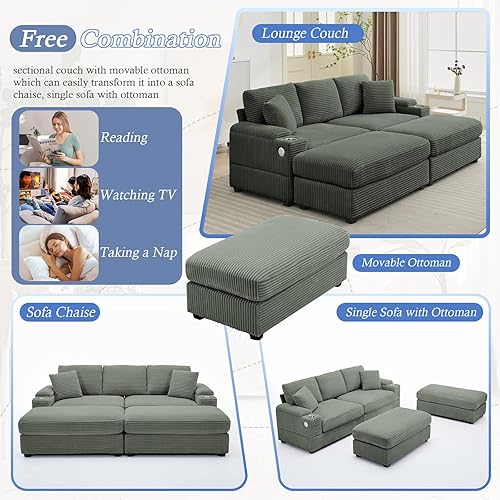 Miniatura 3 de Sofá seccional de 86.6" con 2 otomanos, cómodo sofá modular convertible tapizado en corduroy con soportes para tazas y USB, almacenamiento en los