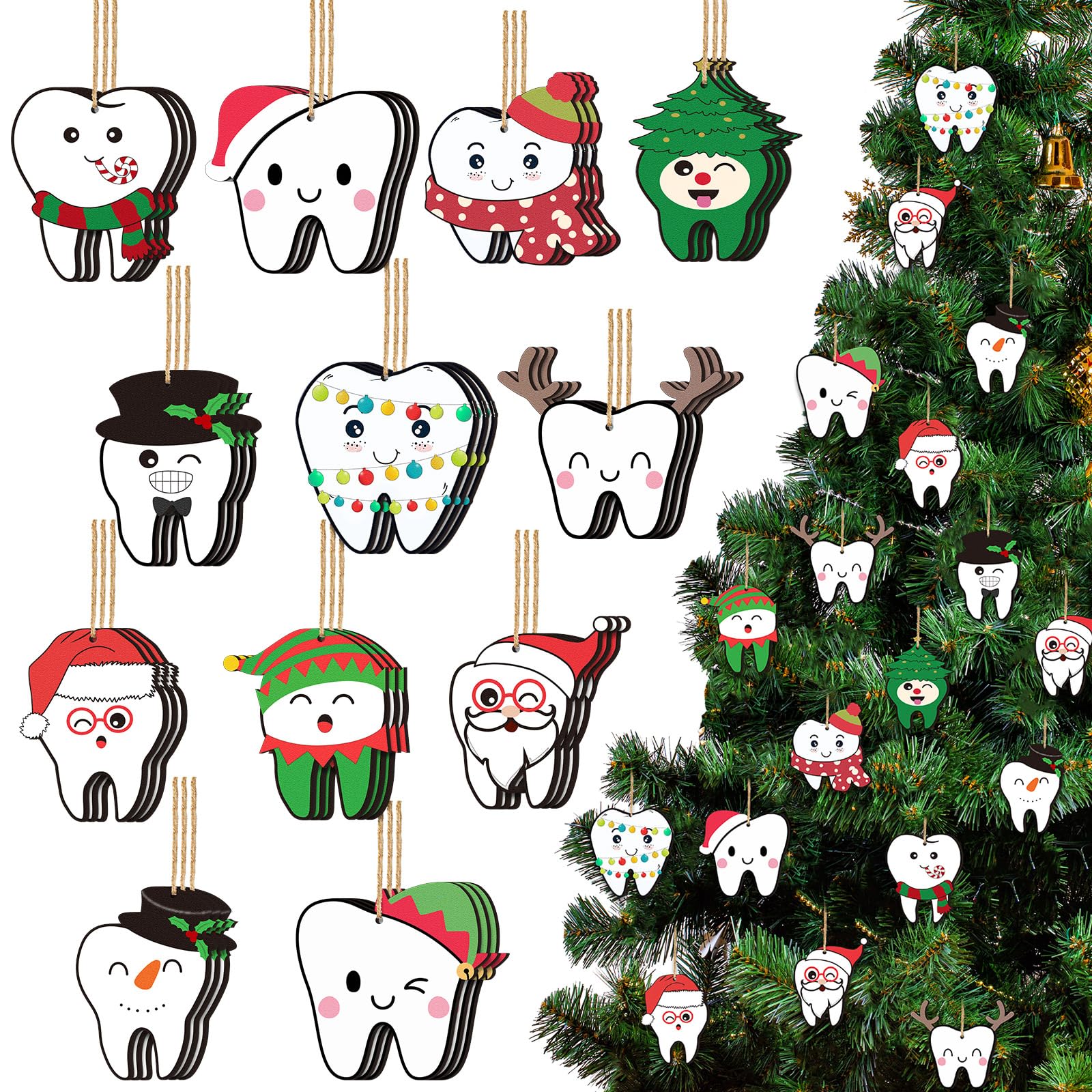 36 Pcs Tooth Christmas Ornaments CNA Week Gifts Cute Wooden Dentist Teeth Hanging Ornaments Christmas Tree Decorations Funny Teeth Wood Sign for Xmas Tree Dentist Dental Assistant Home Decor