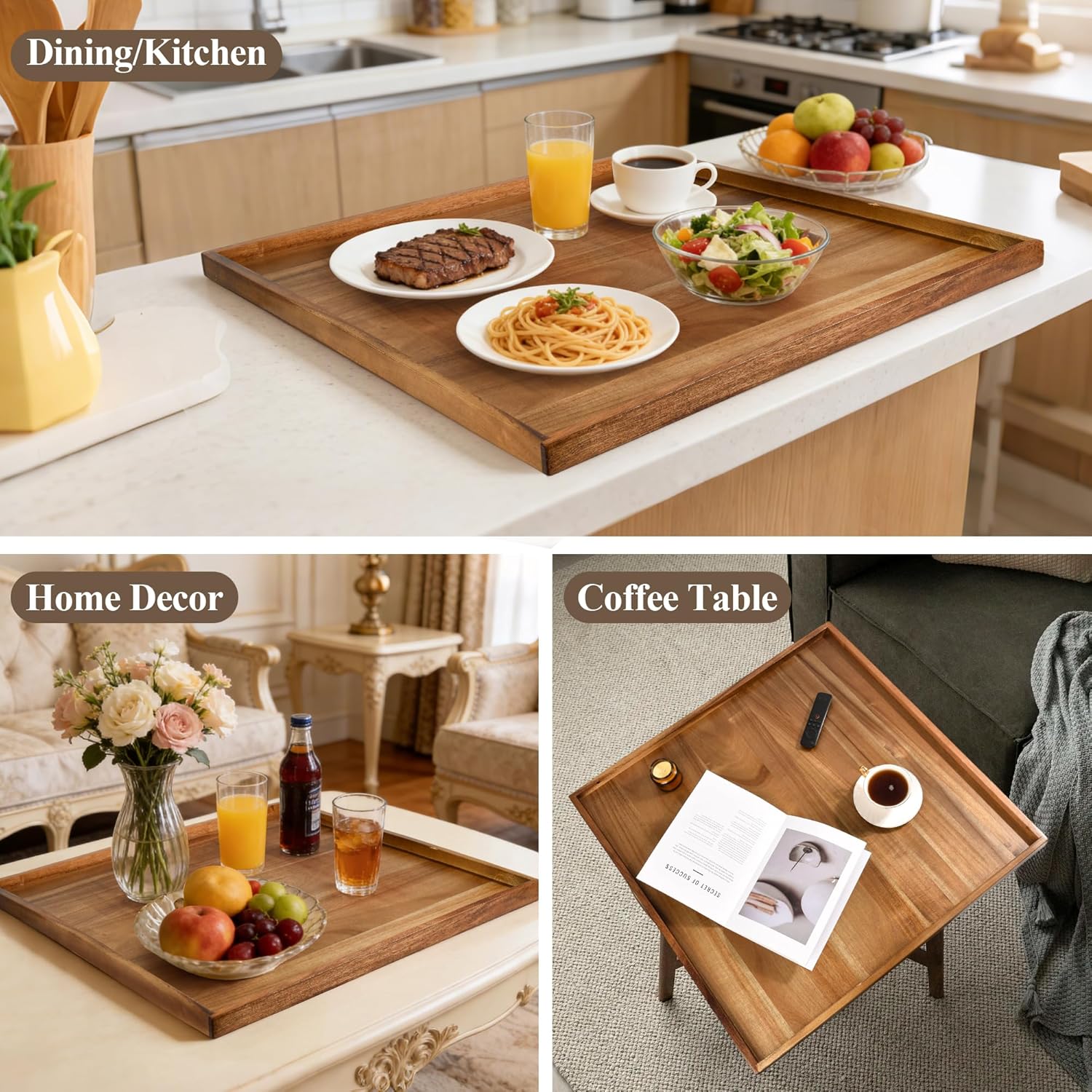 Extra Large 30 Inch Square Ottoman Tray for Living Room, Oversized Acacia Wood Serving Tray for Coffee Table, Food, Snacks, Drinks, Decorative Tray (Natural, 30" x 30")