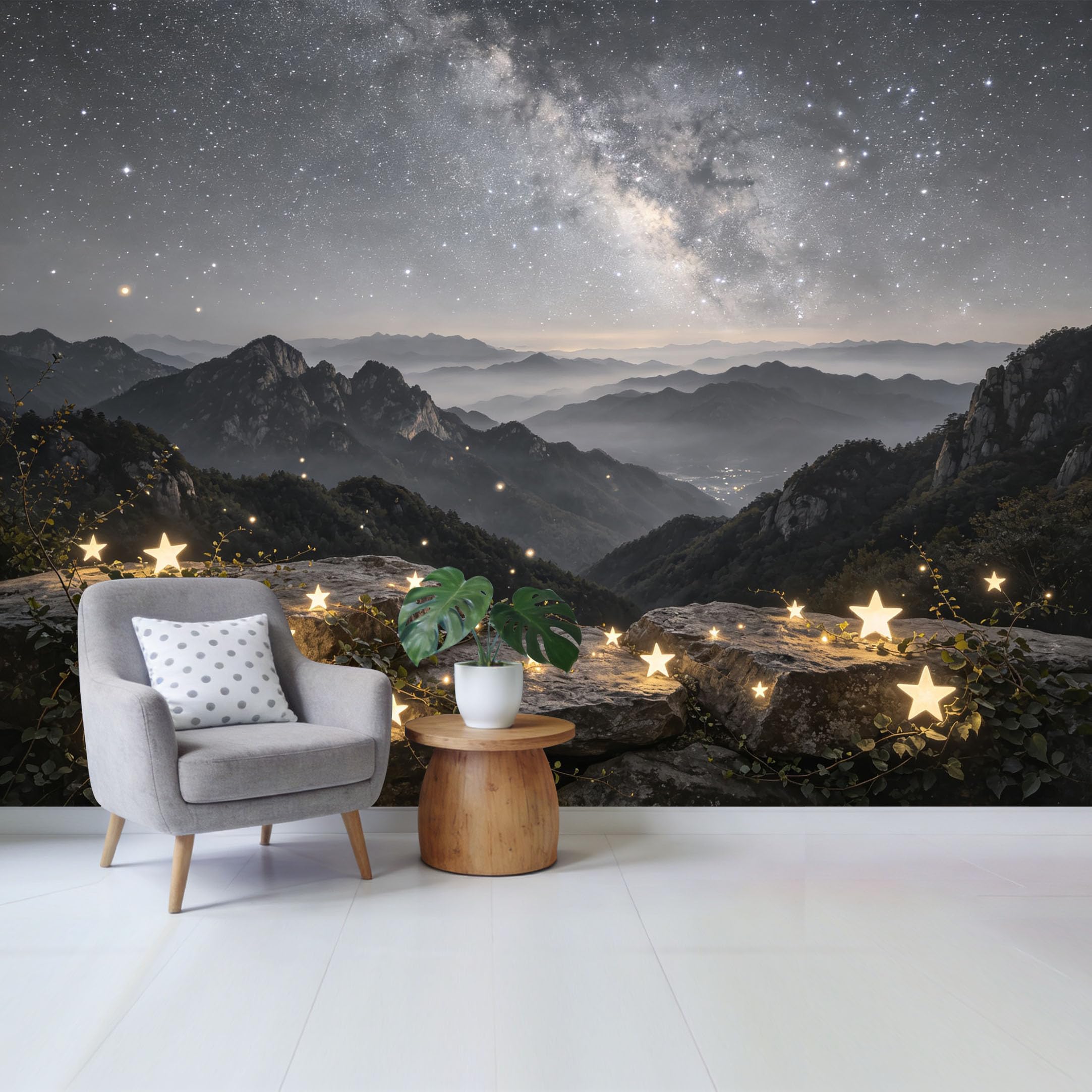 Qzlithotic Yq2605250527 Custom Size Wall Mural Starry Night Milky Way Mountain Peak Glowing Fairy Lights Landscape Selfadhesive Wall Fabric Removable Wallpaper For Home Office Decor