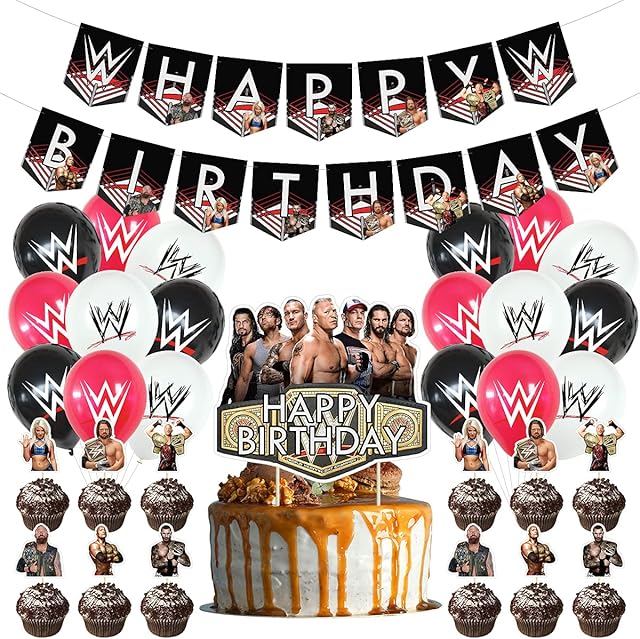 WWE Birthday Party Decorations Supply Set for Kids with Happy Birthday Banner, Cake Topper, Cupcake Toppers, Balloons for Party Decorations