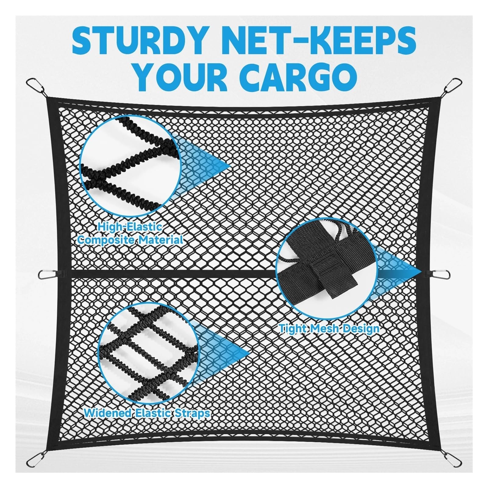 Copertura per Bagagliaio Rete Bagagliaio Camioncino Rete Elastica Bagagliaio Un'auto Con 6 Moschettoni 120 Cm X 120 Cm Rete Fissaggio Per Tetto Automatico Rete Fissaggio Cargo Cover(Double Layer)