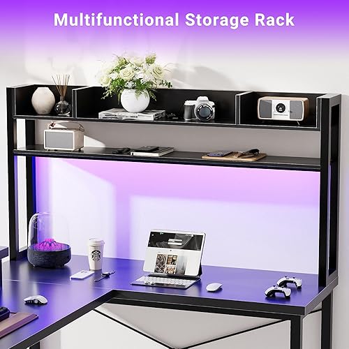 Miniatura 7 de Unikito Escritorio en forma de U con gabinete, escritorio reversible en forma de L con tomas de corriente y tira LED, mesa de oficina grande con