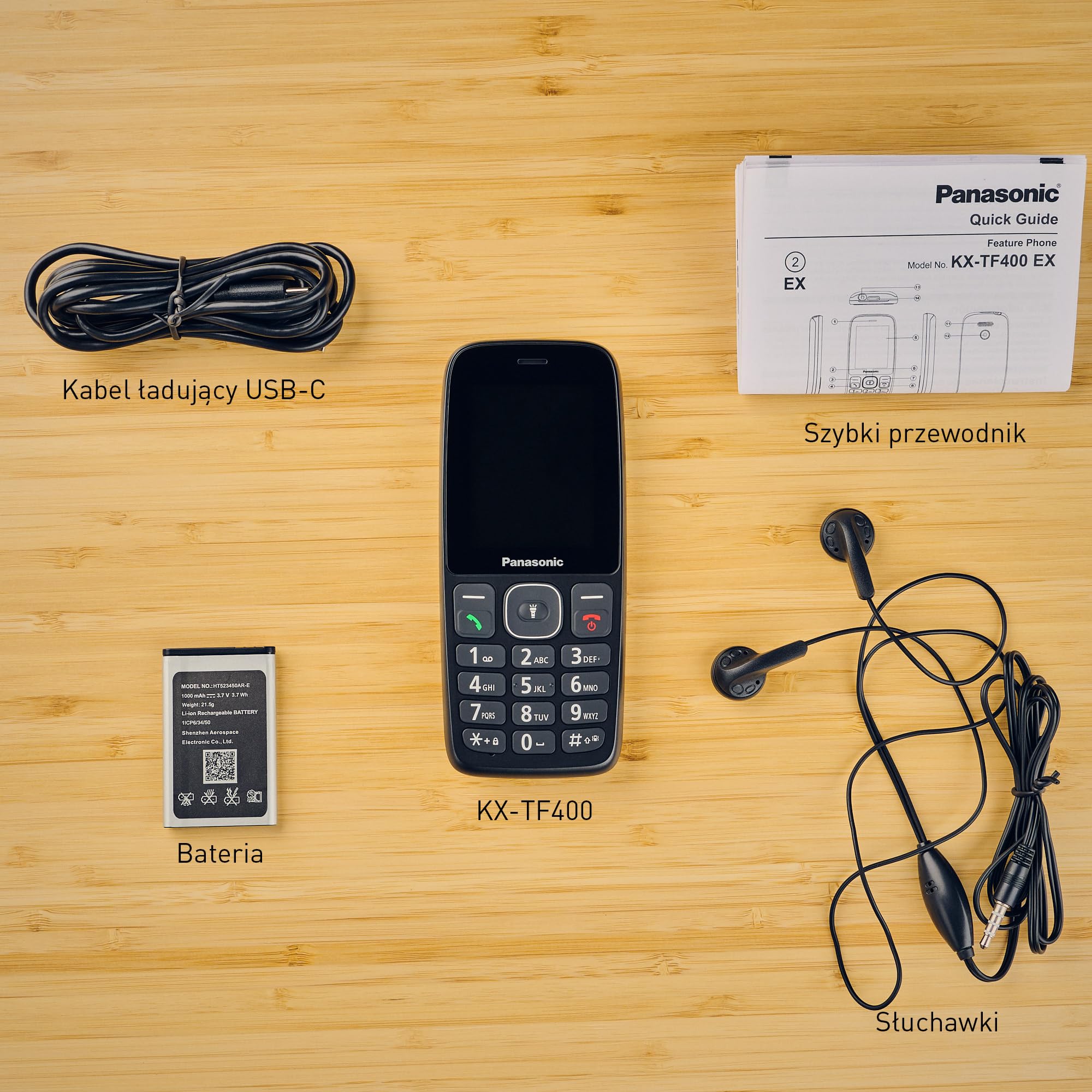Panasonic KX-TF400EXB Łatwy w Użyciu Klasyczny Telefon 4 G VoLTE, 280 Godzin Czuwania, Ładowanie USB-C, Wyświetlacz 2,4 Cala, Bluetooth, Latarka LED, Aparat, Wodoodporność IP44, Czarny