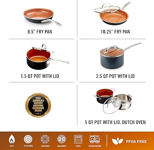 Miniatura 4 de Gotham Steel Juego de ollas y sartenes de 10 piezas y apto para lavavajillas, 100% libre de PFOA y 5 piezas de utensilios de cocina esenciales de