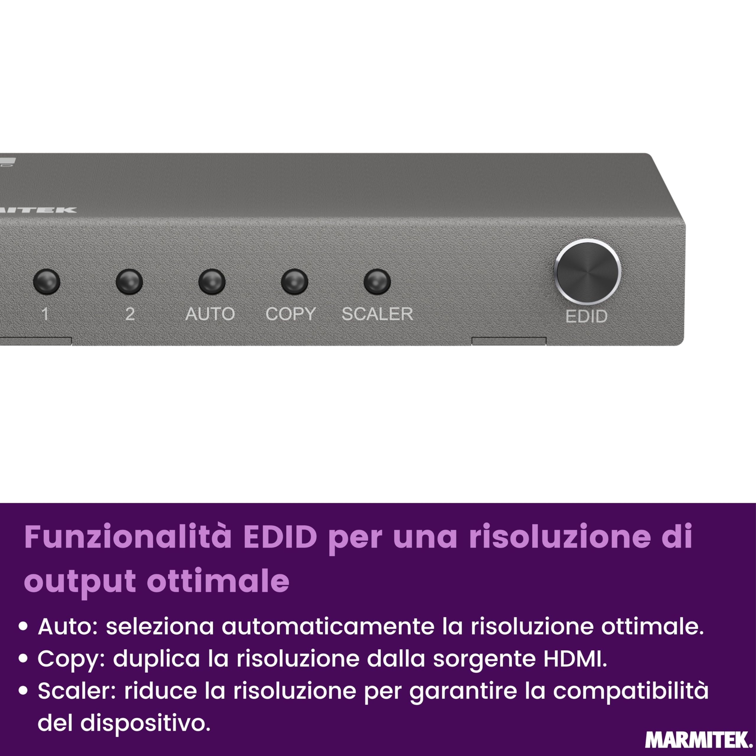 Marmitek Split 712 - Splitter HDMI 8K60 4K120 1 ingresso 2 uscite | Ripartitore HDMI 2.1 per gaming, VRR, ALLM, QMS, QFT, Downscale EDID, 40 Gbit/s, HDCP 2.3 e scocca metallica
