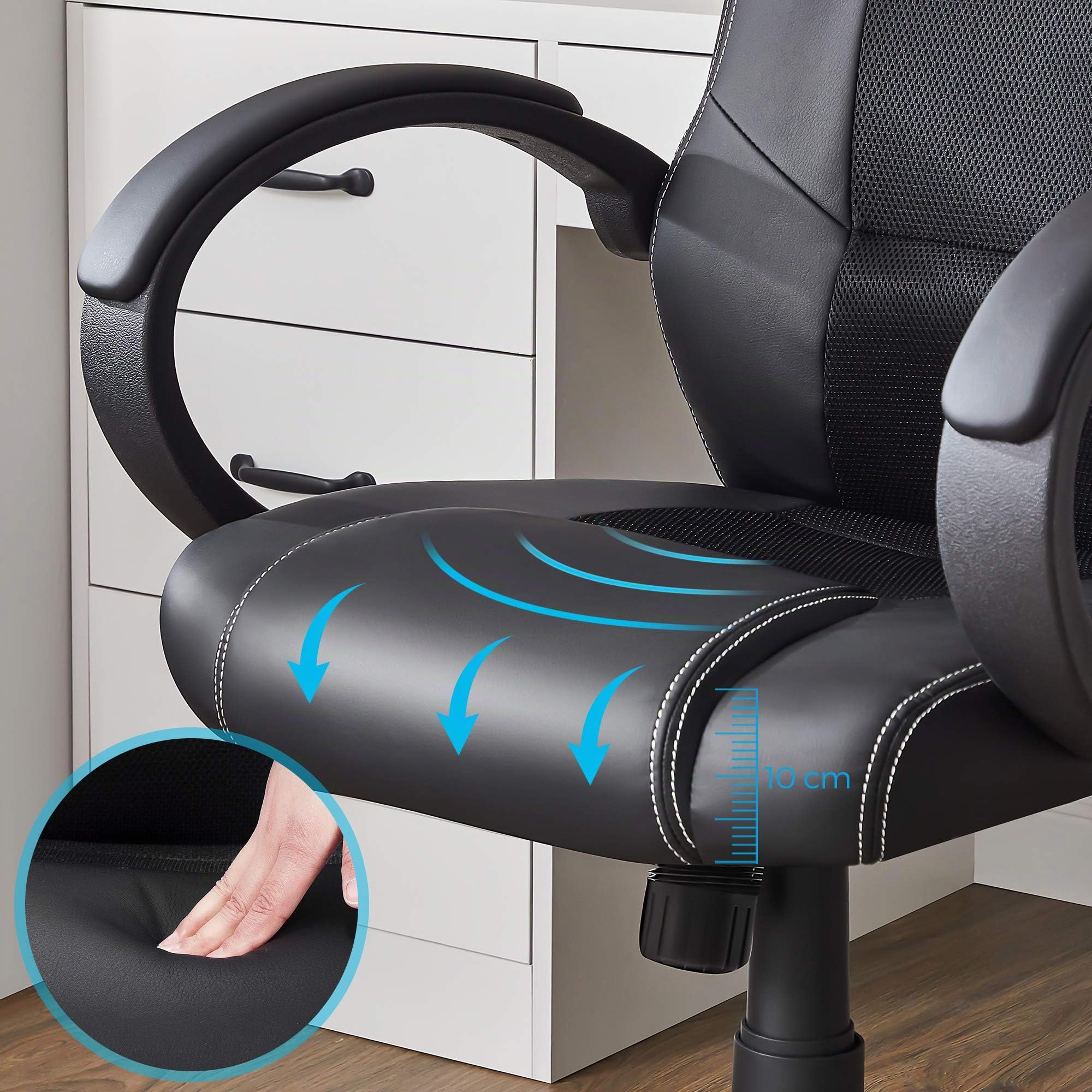SONGMICS Fauteuil de Bureau, Chaise Gaming, Siège Ergonomique, pivotant, Hauteur réglable, mécanisme basculent, Noir et Gris OBG56BG