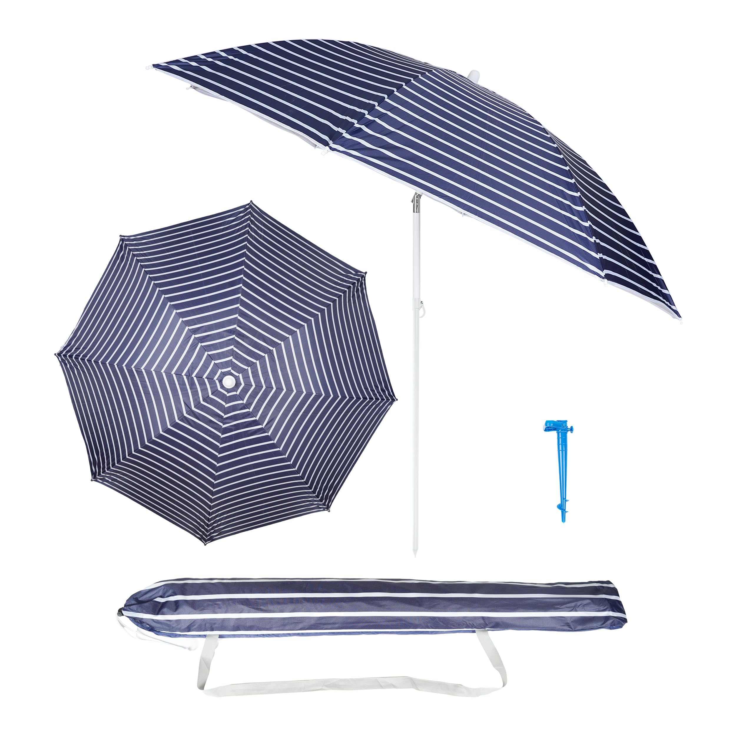 H HANSEL HOME Sombrilla de Playa con Soporte de Tornillo, Inclinable, Tubo Acero,Varillas de Fibra de Vidrio, Protección Solar UPF+50 - Azul Raya, 220cm