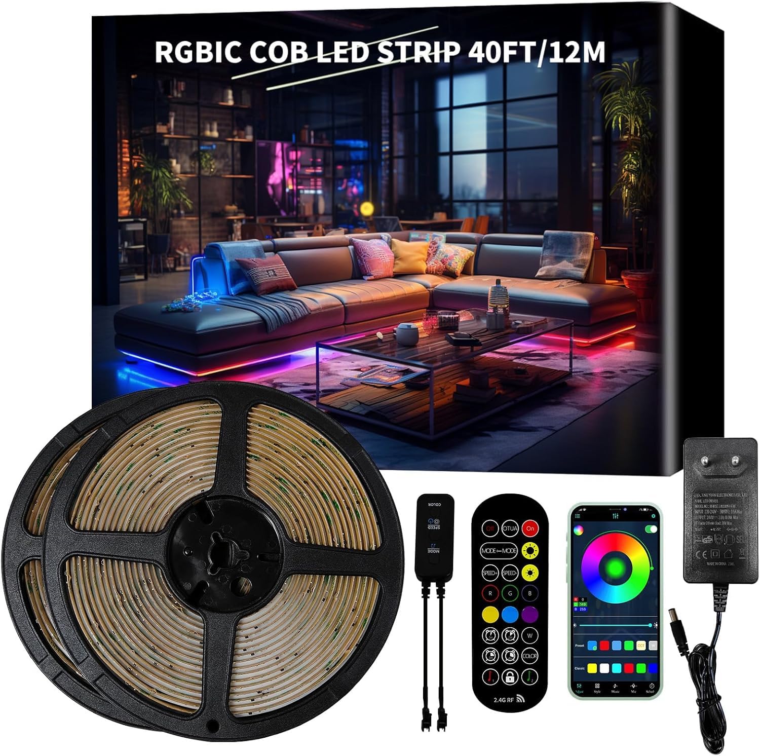 Taśma świetlna LED RGB+IC COB 12 m, 24 V, ściemniana, listwa świetlna LED, listwa świetlna, samoprzylepna, z zasilaczem, pilotem zdalnego sterowania RF, sterowaniem za pomocą aplikacji