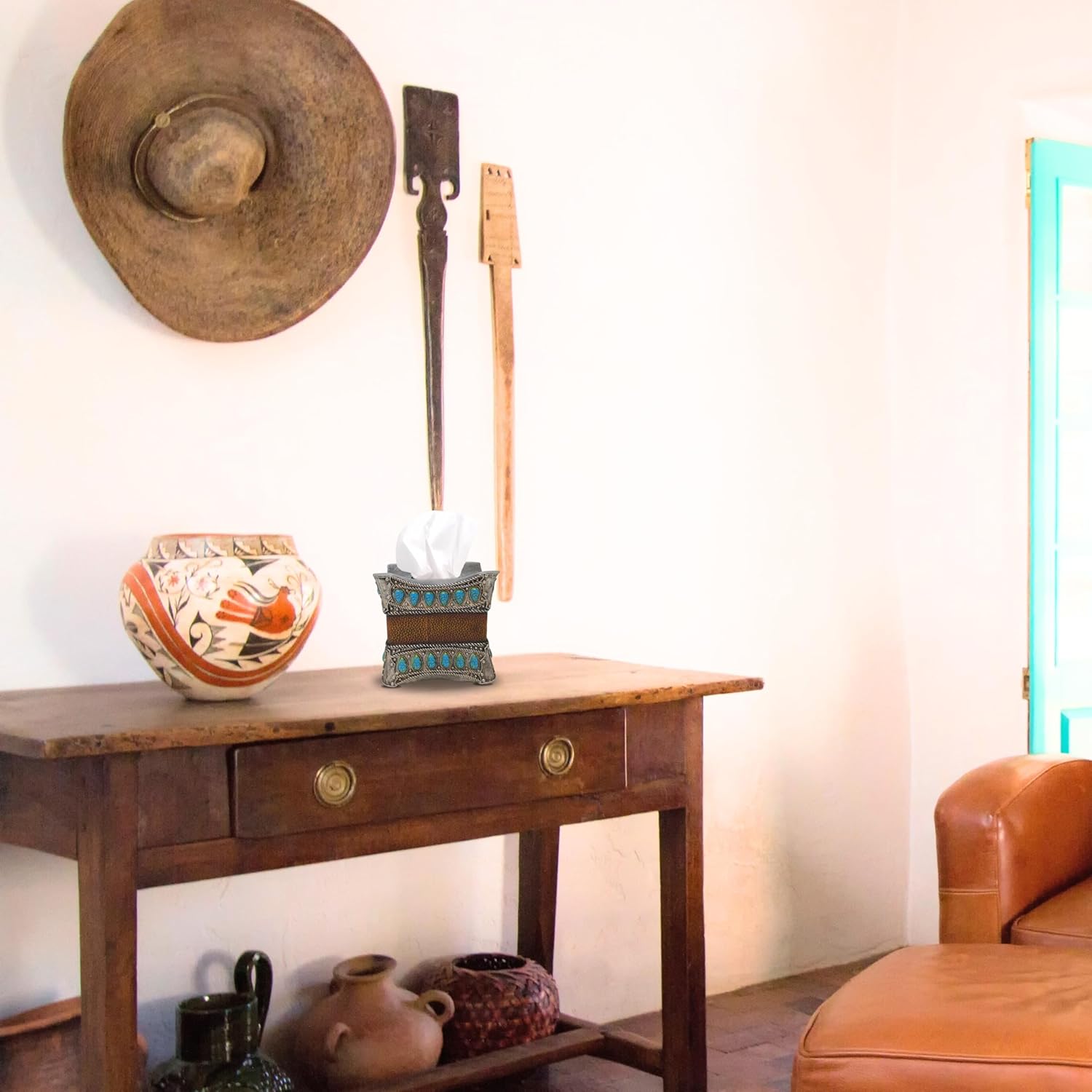 Decorative Resin Faux Leather Tissue Box Cover with Turquoise Gem–Southwest Native American Style Tissue Box Holder–Premium Resin Tissue Box Cover Square for Tissue Cube Boxes–Unique Home Décor Accent