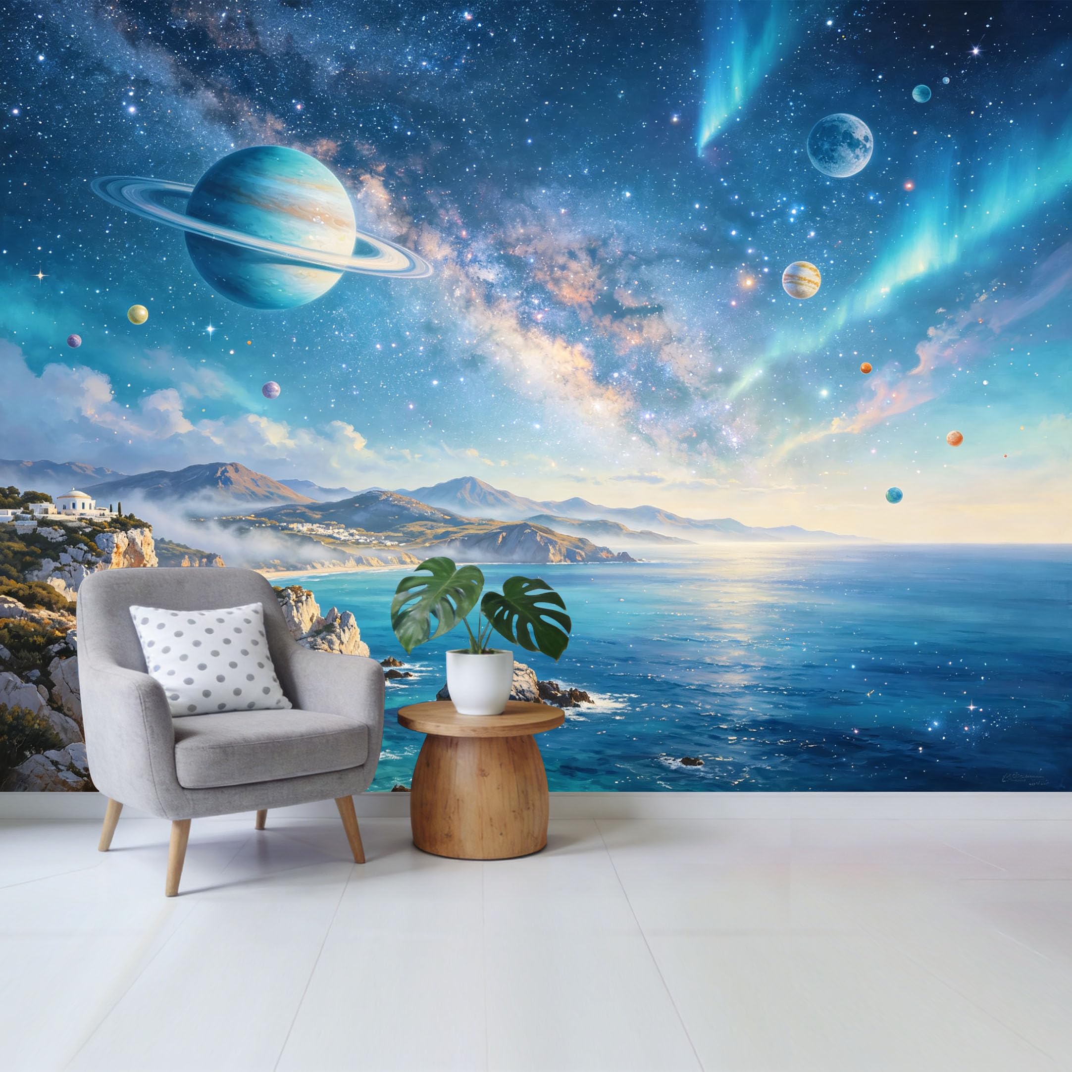 Custom Size Wall Mural Cosmic Ocean Landscape with Planets and Galaxy Sky Removable Self Adhesive Fabric Home Wall Decor for Living Room Bedroom Bathroom