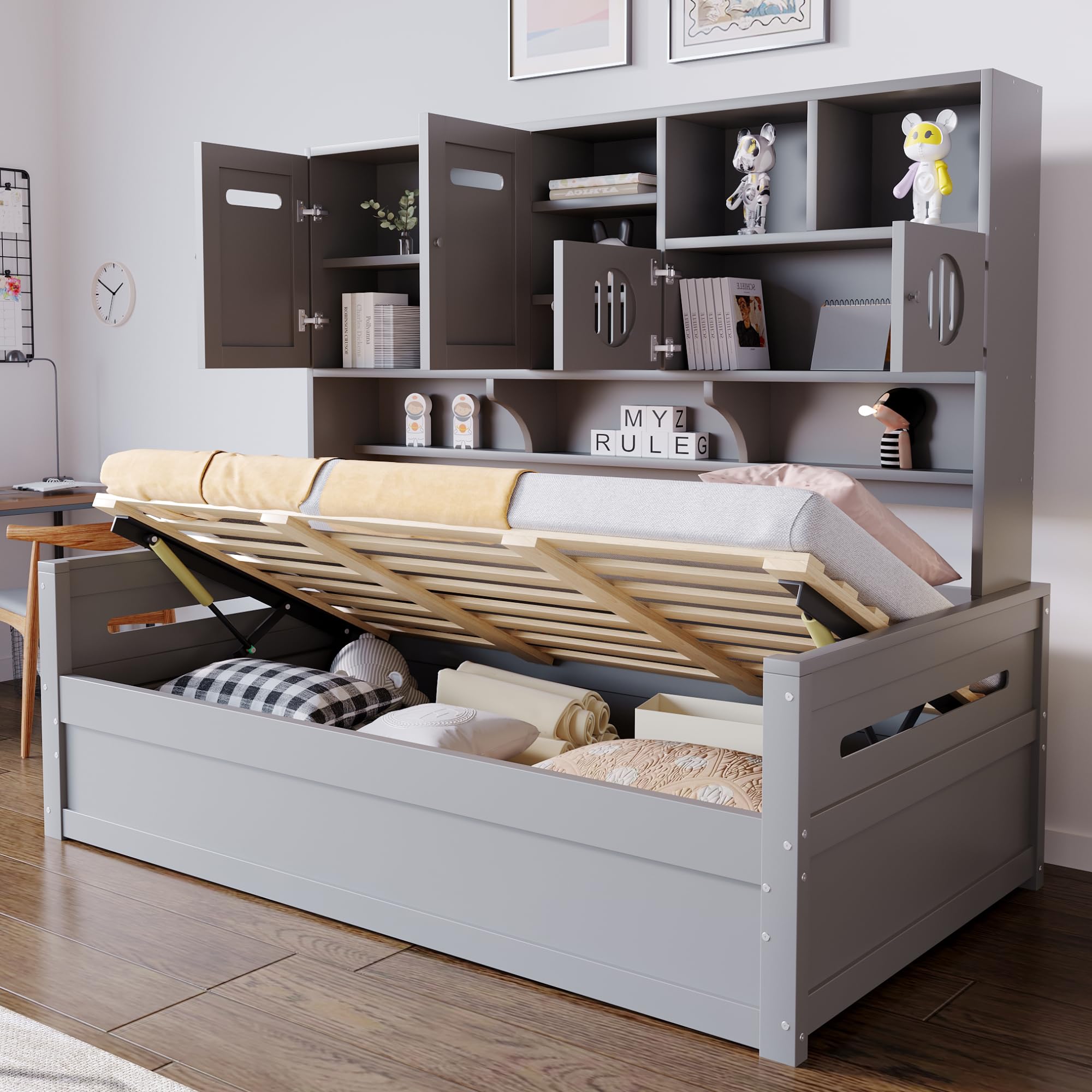 Drewniana sofa z funkcją spania z miejscem do przechowywania, 90 x 200 cm, łóżko hydrauliczne, drewno sosnowe, szara, łóżko pojedyncze, łóżko młodzieżowe, wielofunkcyjne