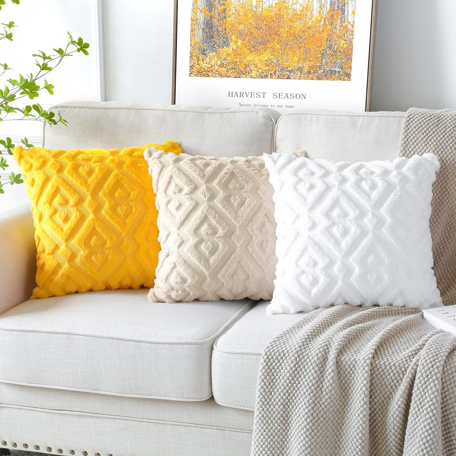 Artscope Pack of 2 Soft Plush Short Wool Velvet Decorative Throw Pillow Covers Luxury Style Cushion Covers European Pillow Shell for Sofa Bedroom Diamond Shape Pure White, 26x26 Inch