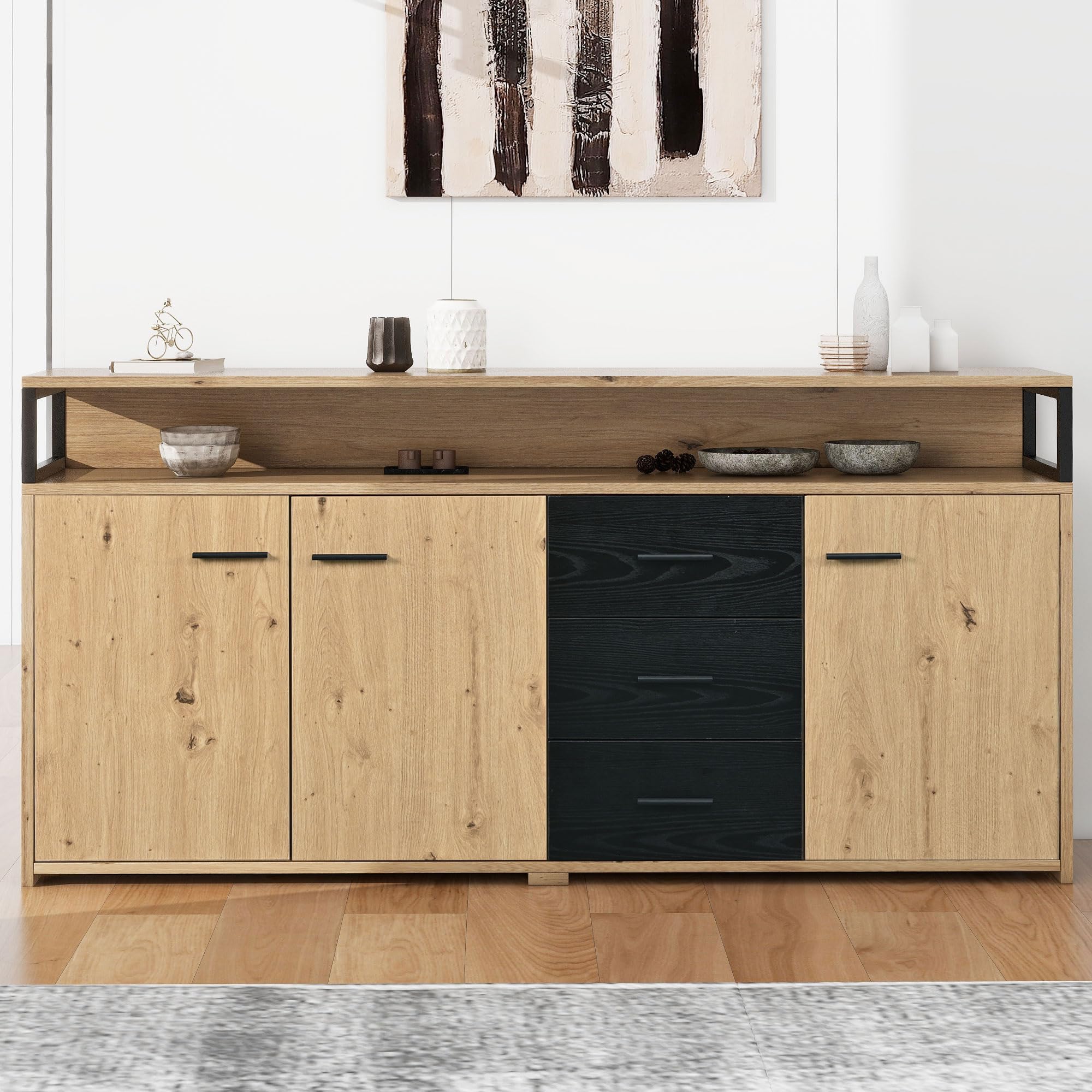 Aparador industrial con tres puertas y tres cajones, 150 x 35 x 75,9 cm, color negro y marrón, mueble de cocina con asas de metal, armario multiusos para dormitorio, salón, oficina