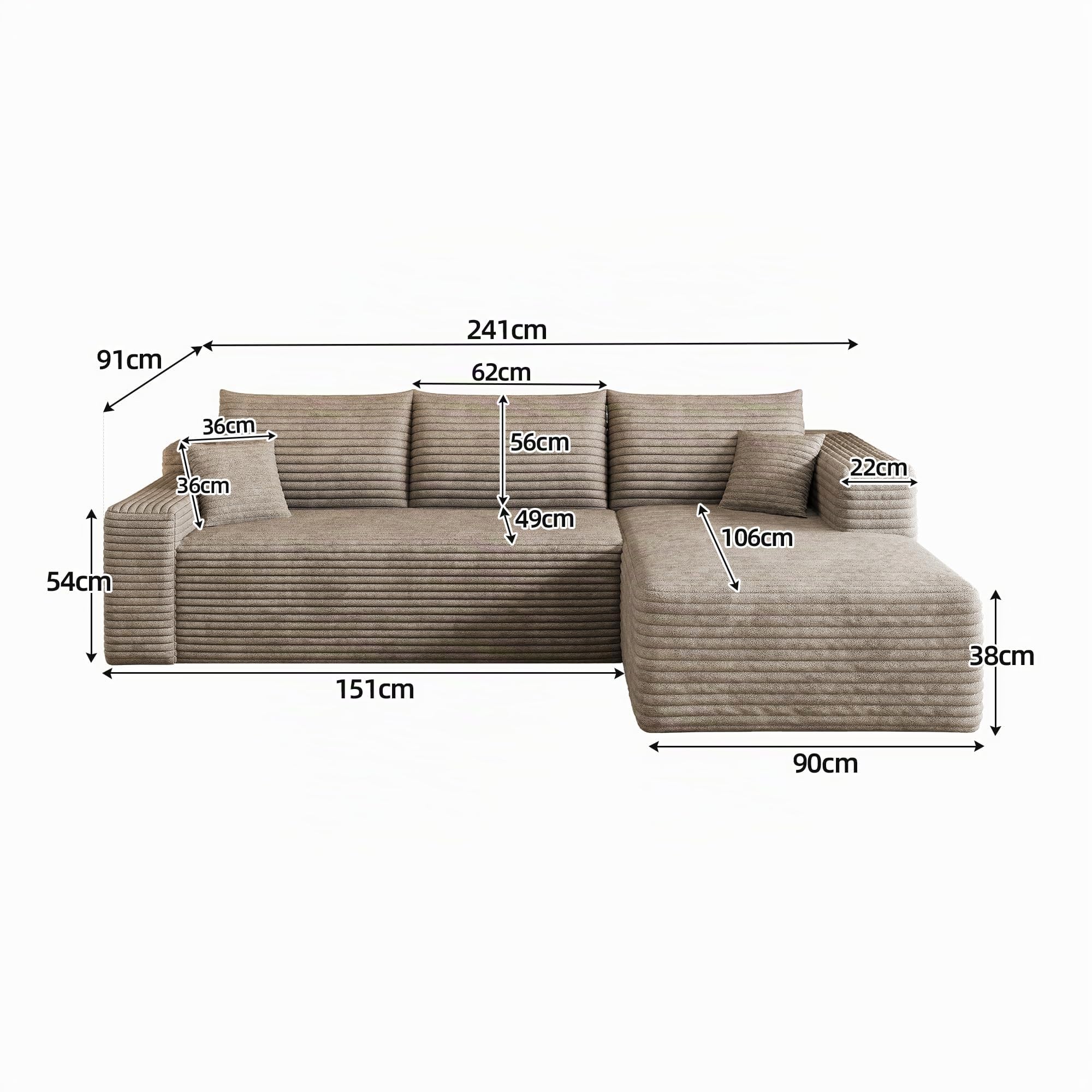 241 cm sofá convertible, sofá esquinero, sofá modular, asiento profundo, sofá de 3 plazas con meridiana, sofá comprimido en forma de L, color marrón claro