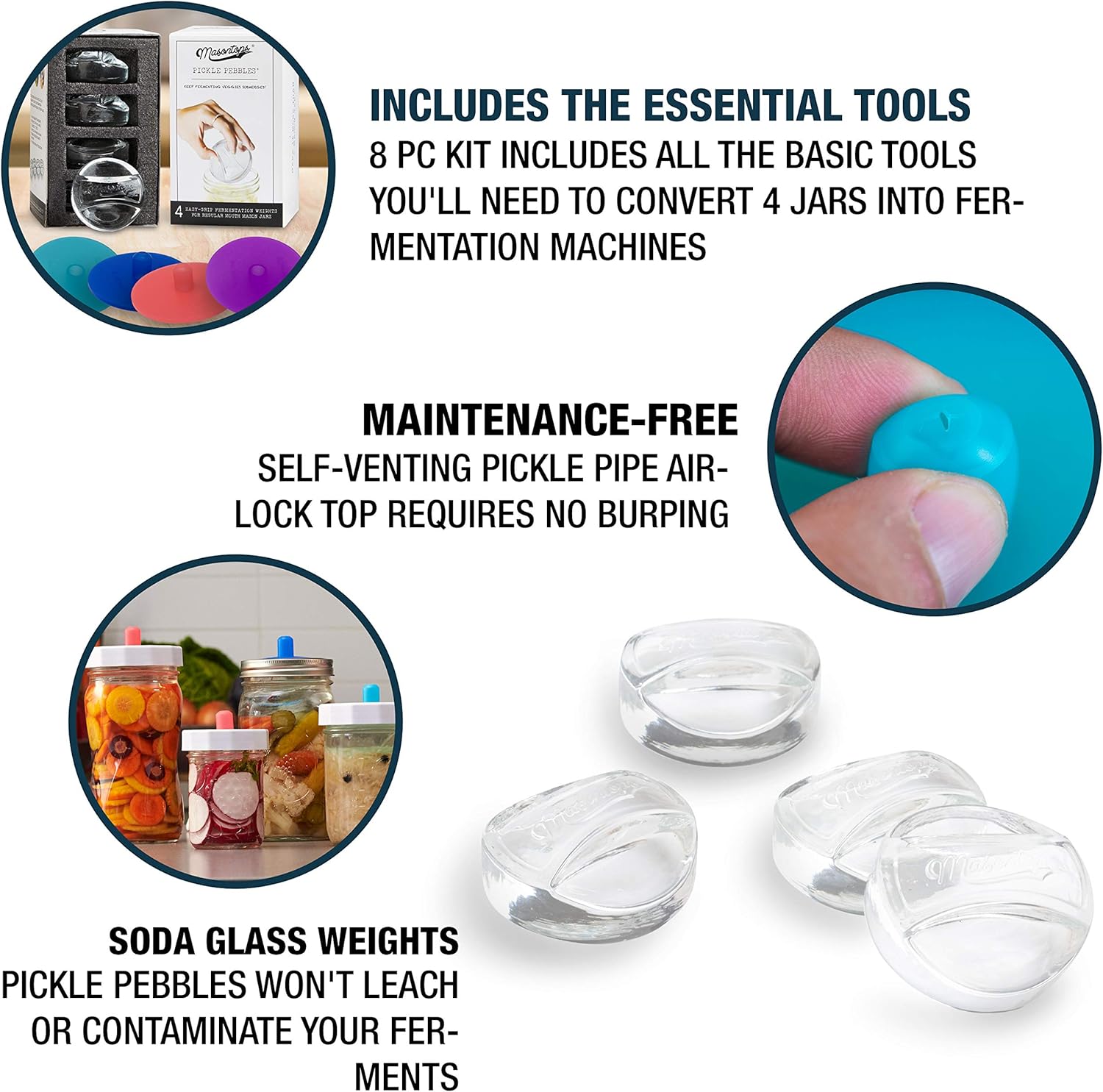 Masontops 8 PC Pickle Pebbles Glass Weight & Pickle Pipes Airlock Kits - Small Regular Mouth Lid For Pickling & Canning - Image 3