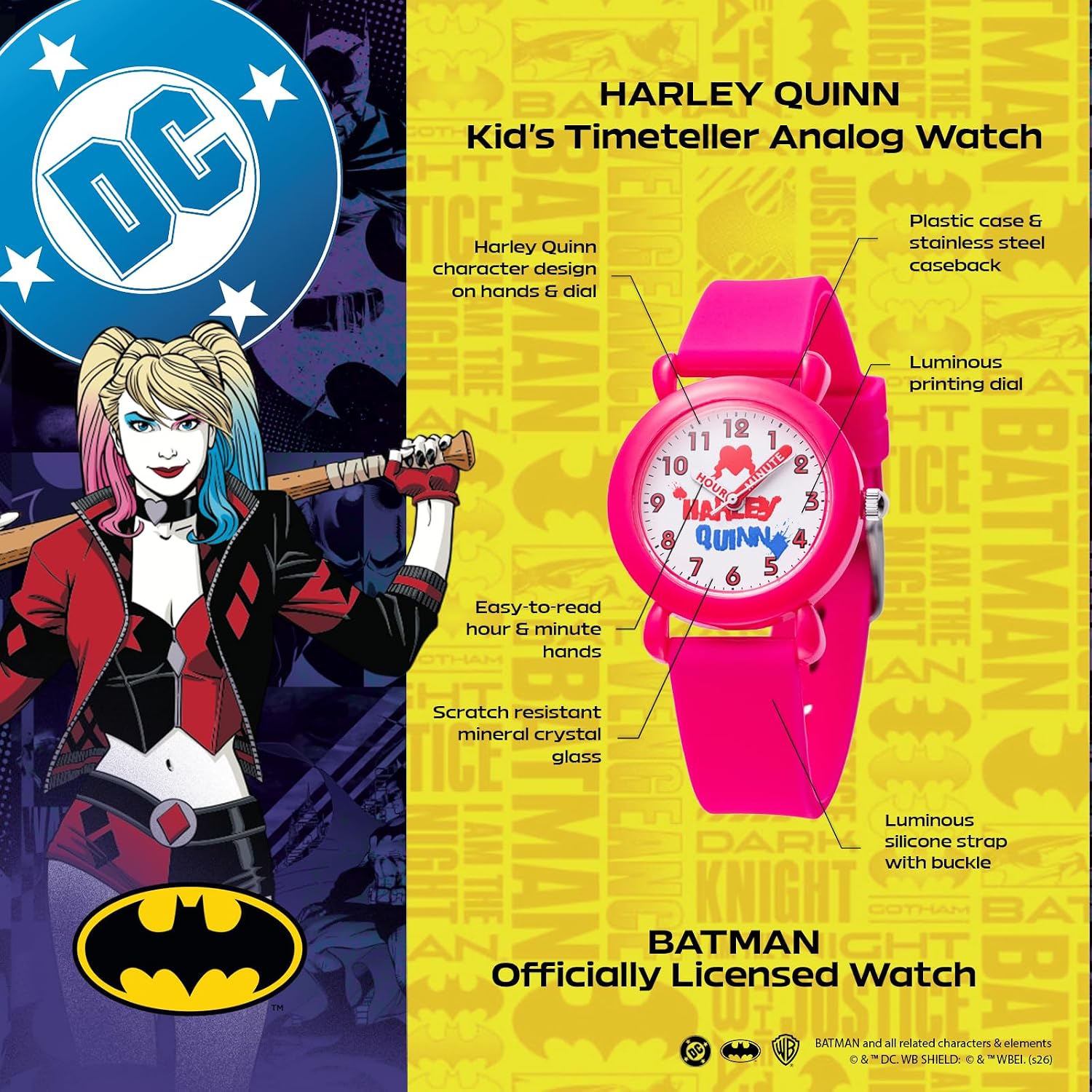 Warner Brothers DC Comics Harley Quinn Watch for Kids Ages 4–7 – Featuring Character Dial with Easy-Read Hour & Minute Hands – Harley Quinn Watches for Girls, DC Comics Toys