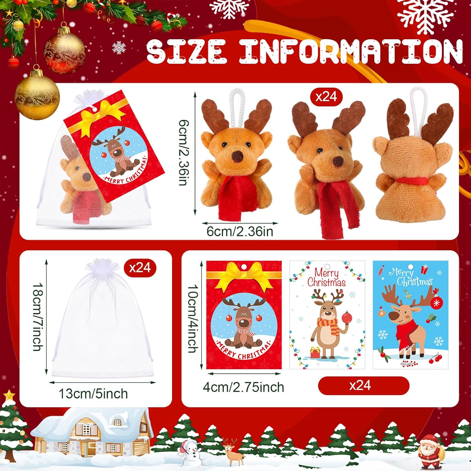 Soulchen 24 Sets Christmas Mini Deer Stuffed Animal Plush Gifts Small Deer Ornaments for Christmas Tree Decorations with Gift Cards and Organza Bags for Xmas Stockings Party Favor Birthday Wedding