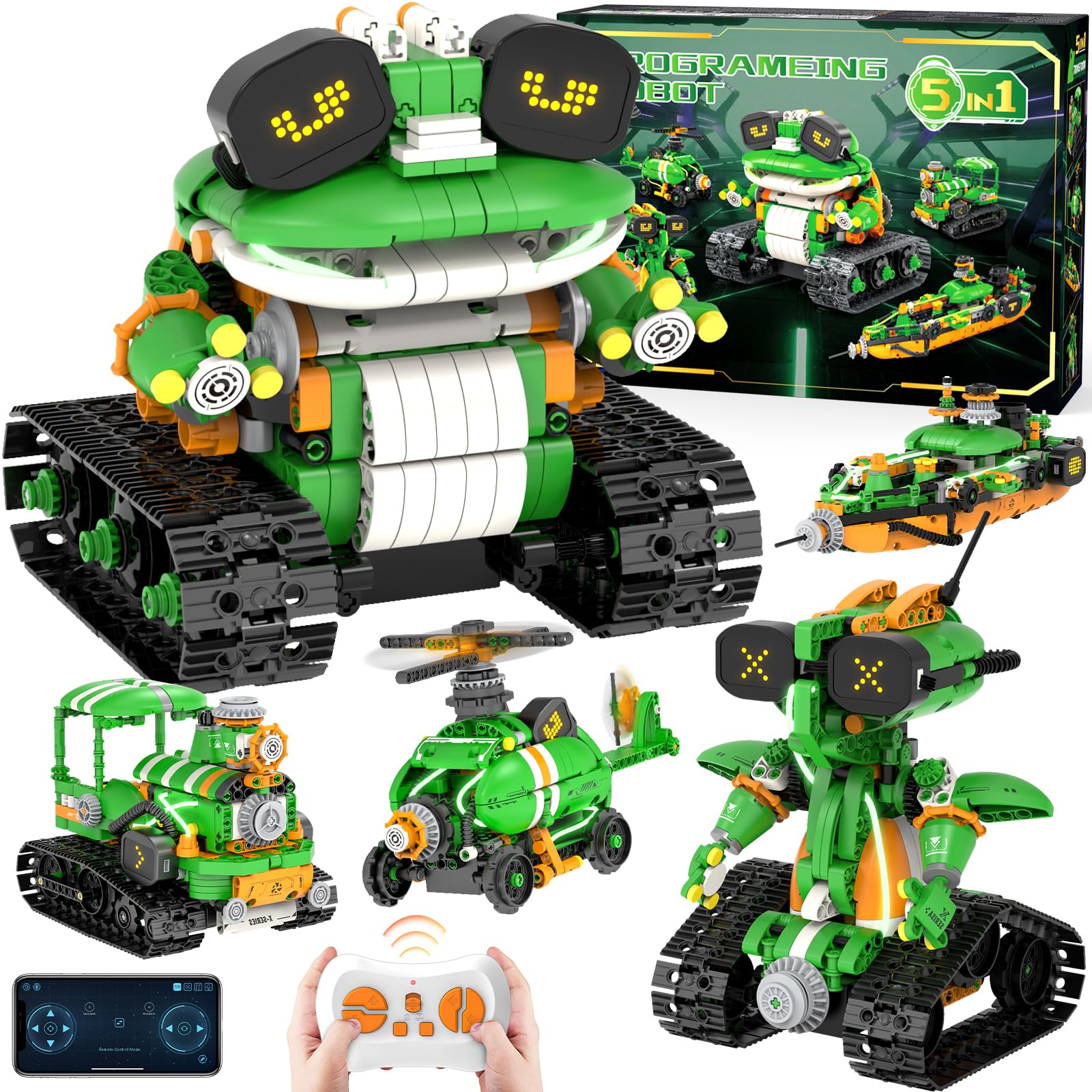 STEM Robot Building Toys for Kids 6-12, 5in1 App & Remote Control STEM Tractor Frog Robot Building Kits, 732PCS DIY Educational Construction Building Block Set for Kid, Erector Set Gift for Boys Girls