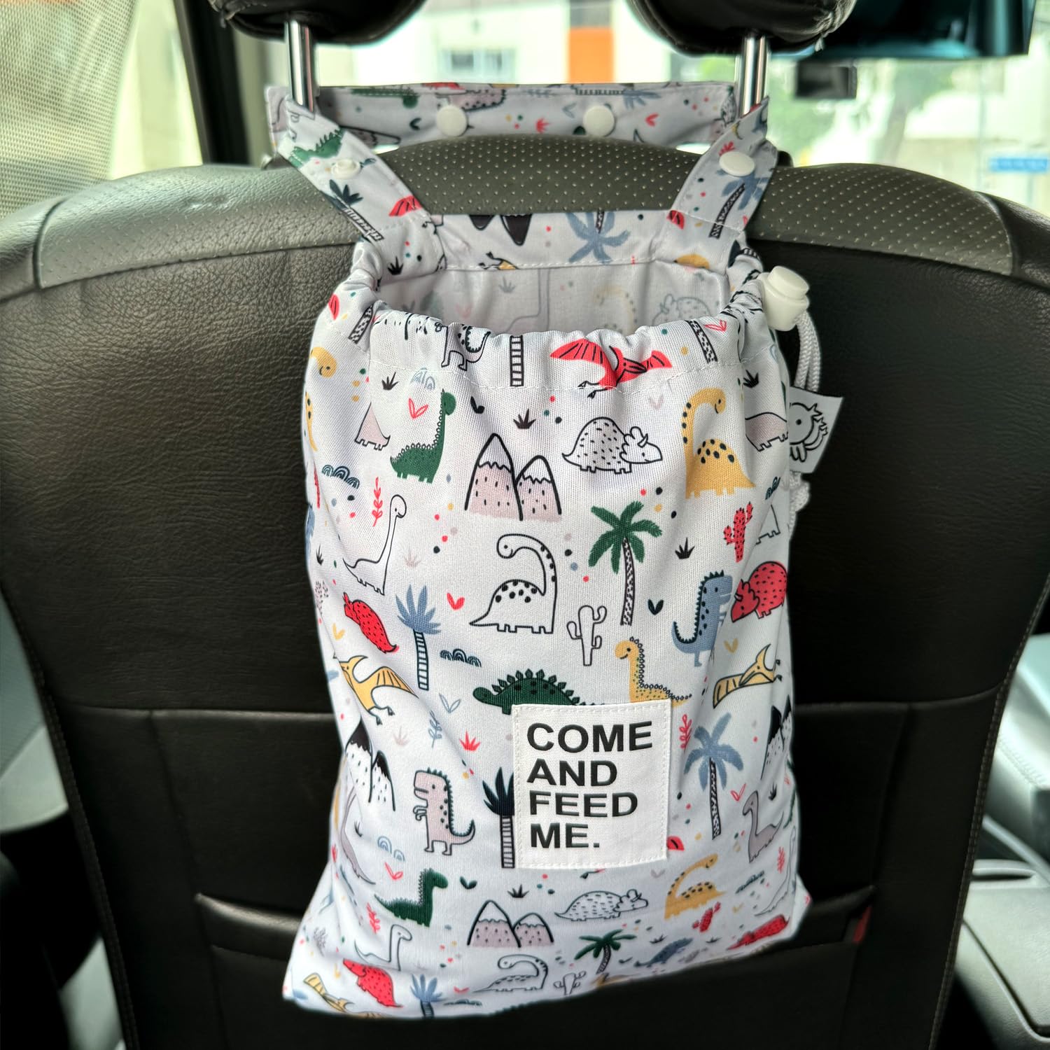 FLOCK THREE Hanging Car Trash Bag Collapsible Organizer Storage Waterproof Auto Trash Can w/Velcor Cute Polyester Grocery Bag for Automotive Backseat Headrest 5 Liters (Dinosaurs)