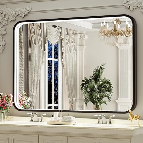 Miniatura 7 de Espejo de baño con iluminación LED enmarcada de 20 x 28 pulgadas, espejos de tocador de metal dorado con luces, espejo antivaho iluminado regulable