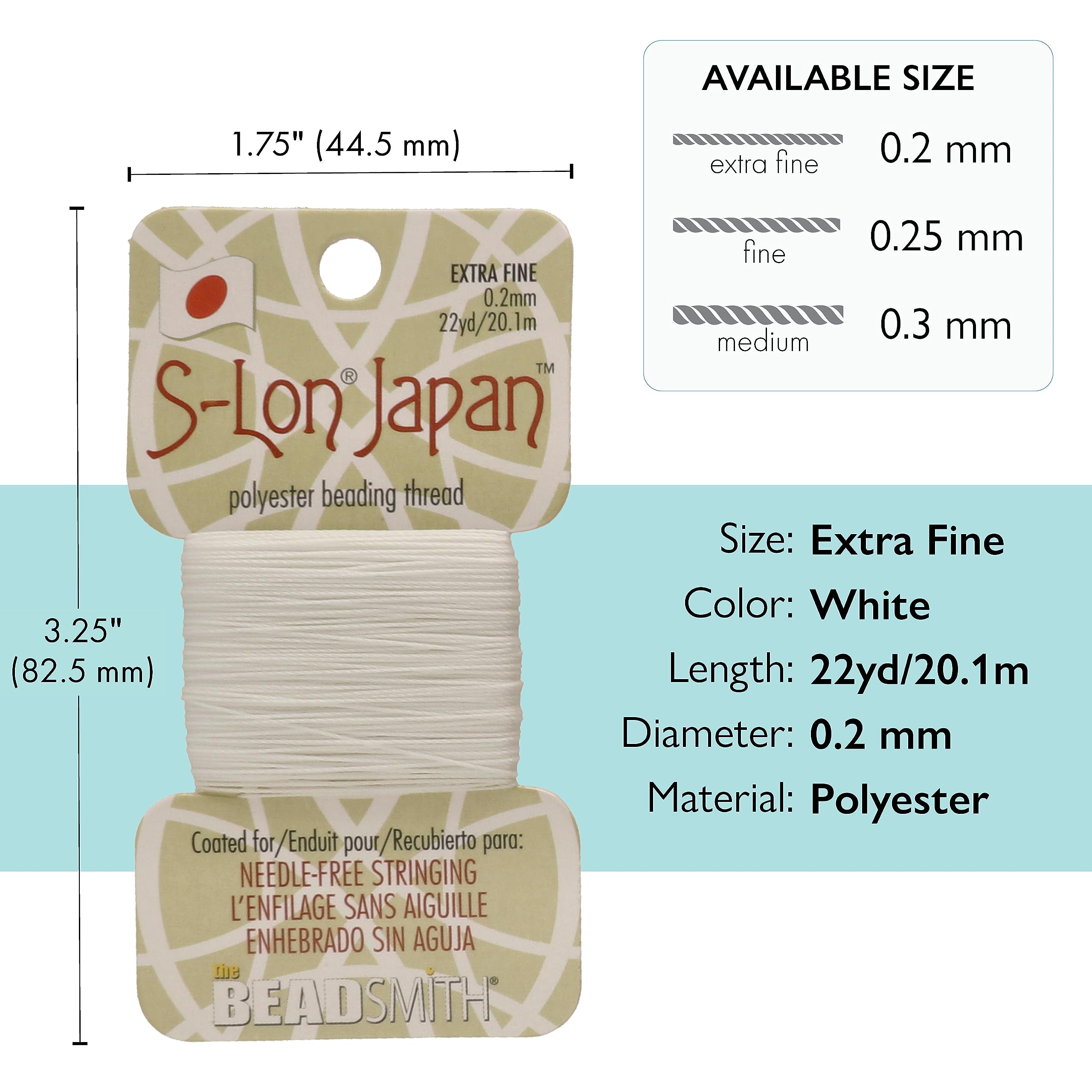 The Beadsmith S-Lon Japan – Filo di poliestere extra fine – Colore bianco, diametro 2 mm, 20 metri per scheda – senza ago, facile da infilare perline – ideale per gioielli annodati, perle e