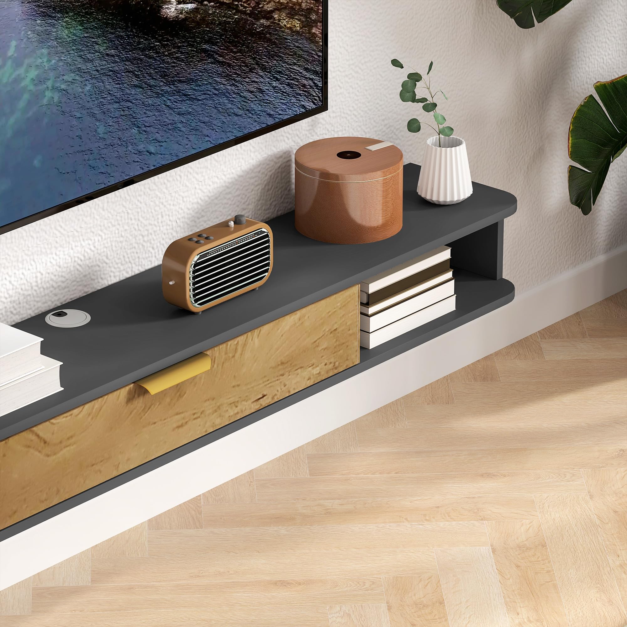 HOMCOM Soporte TV de Pared con Puerta abatible, 160x24x16cm, Gris | Soporte TV de madera, Banco TV de pared, compartimentos abiertos, gestión de cables, para salón dormitorio
