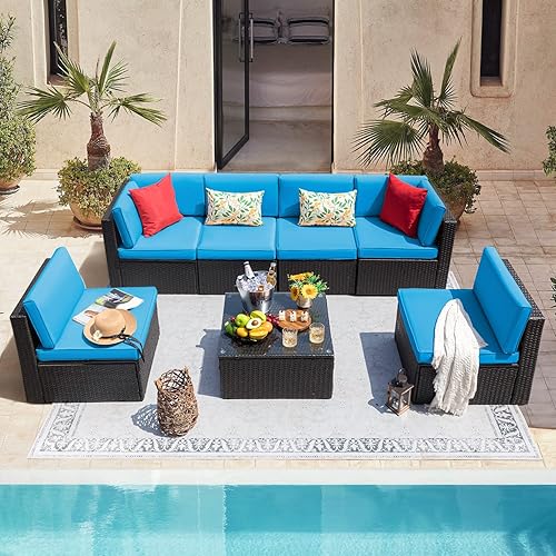 Devoko Juego de 7 piezas de muebles de patio seccionales para exteriores juego de muebles de mimbre de tejido manual juegos de conversación para