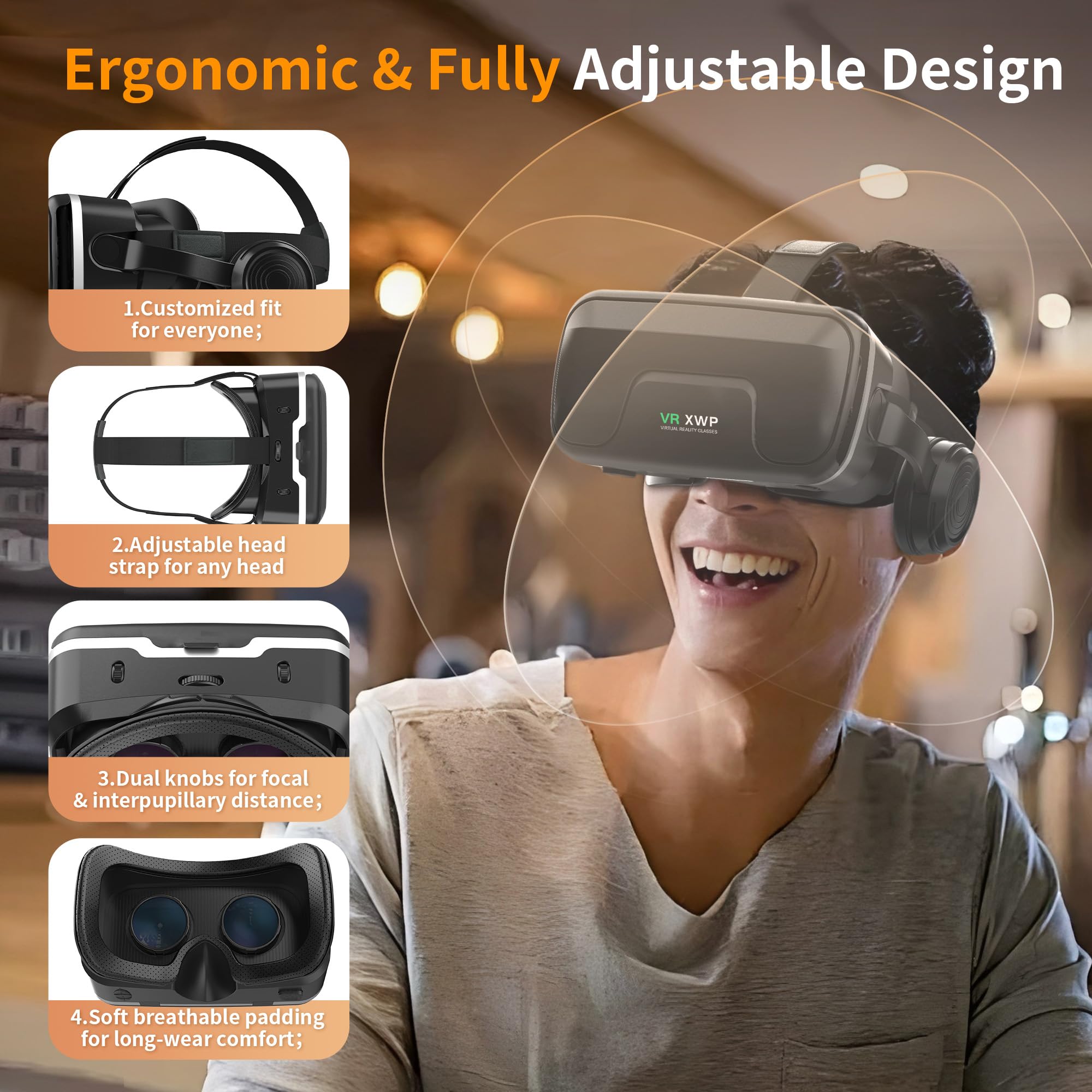 XWP Visore VR, Occhiali Per Realtà Virtuale 3D Con Cuffie, Compatibili Con iPhone & Android (4,7–7,2"), Con Lenti HD Anti Luce Blu, Per Giochi E Film, Regalo Di Compleanno Per Bambini E Famiglia