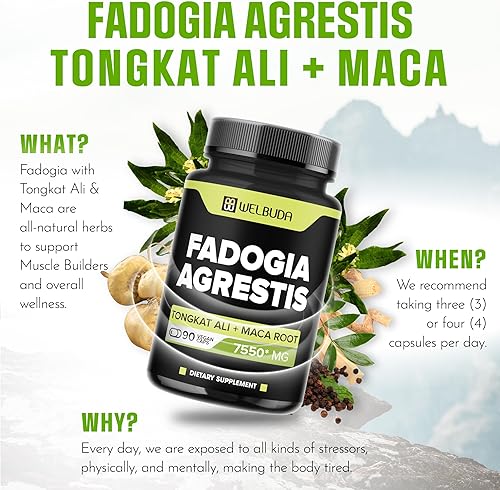 Miniatura 5 de WELBUDA 4 en 1 Fadogia Agrestis Suplemento 7550mg  90 cápsulas  Extra fuerte con Tongkat Ali, raíz de maca y pimienta negra  Apoyo para la