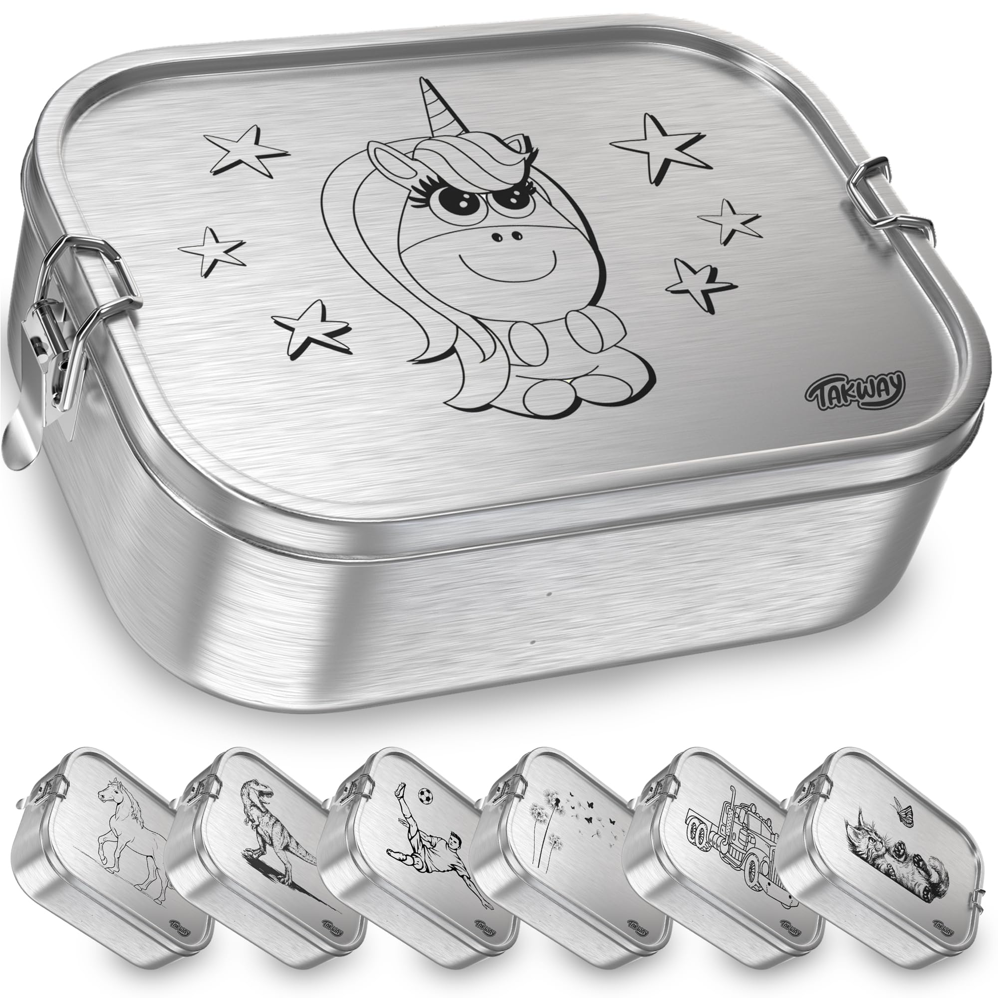 TAKWAY Edelstahl Brotdose mit Fächern 800ml – Auslaufsichere Lunchbox für Kinder & Erwachsene, Bento Box mit flexibler Unterteilung, für Kindergarten, Schule & unterwegs (Einhorn, 3-Fächer)