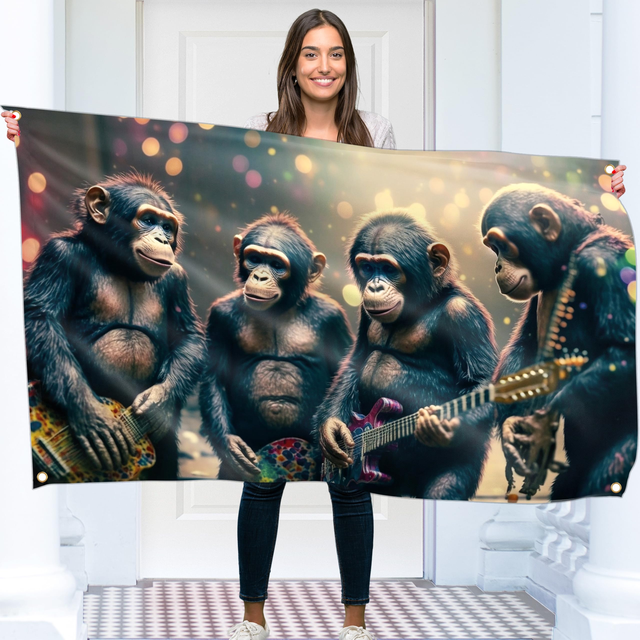 Monkey Music Rock Band Flag – Large Funny Flag – 110D Polyester – Double stitched – 4 brass grommets, large 90x150 cm (5 x 3 feet)