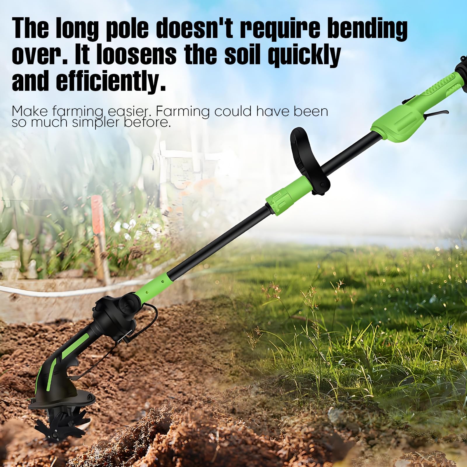 Motoazada Electrica, Mini Motoazada Portátil Varilla de extensión Desmontable de 1,3m,Ancho de Labranza 10cm, Profundidad de Labranza 10 cm Baterías 3000 mAh para Jardines y Huertos (2 Baterías)