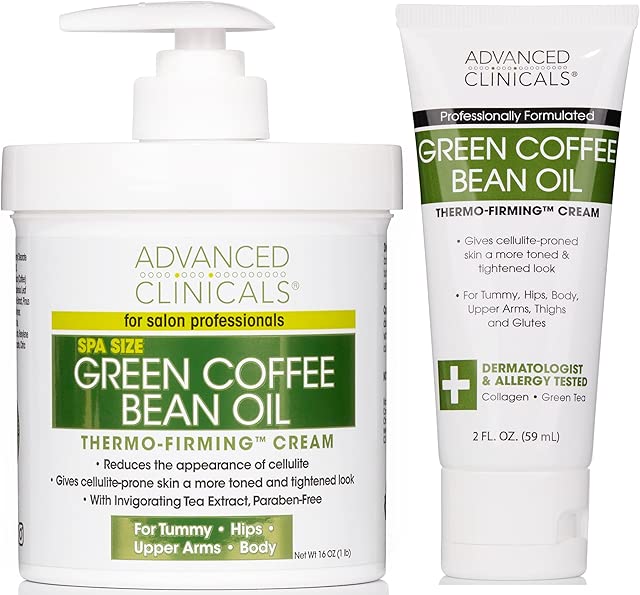 Advanced Clinicals Green Coffee Bean Oil Thermo Firming Body Cream Moisturizer | Caffeine Lotion | Collagen Body Lotion | Moisturizing Body Butter | Body Skin Care Products For Women, W/Travel Size