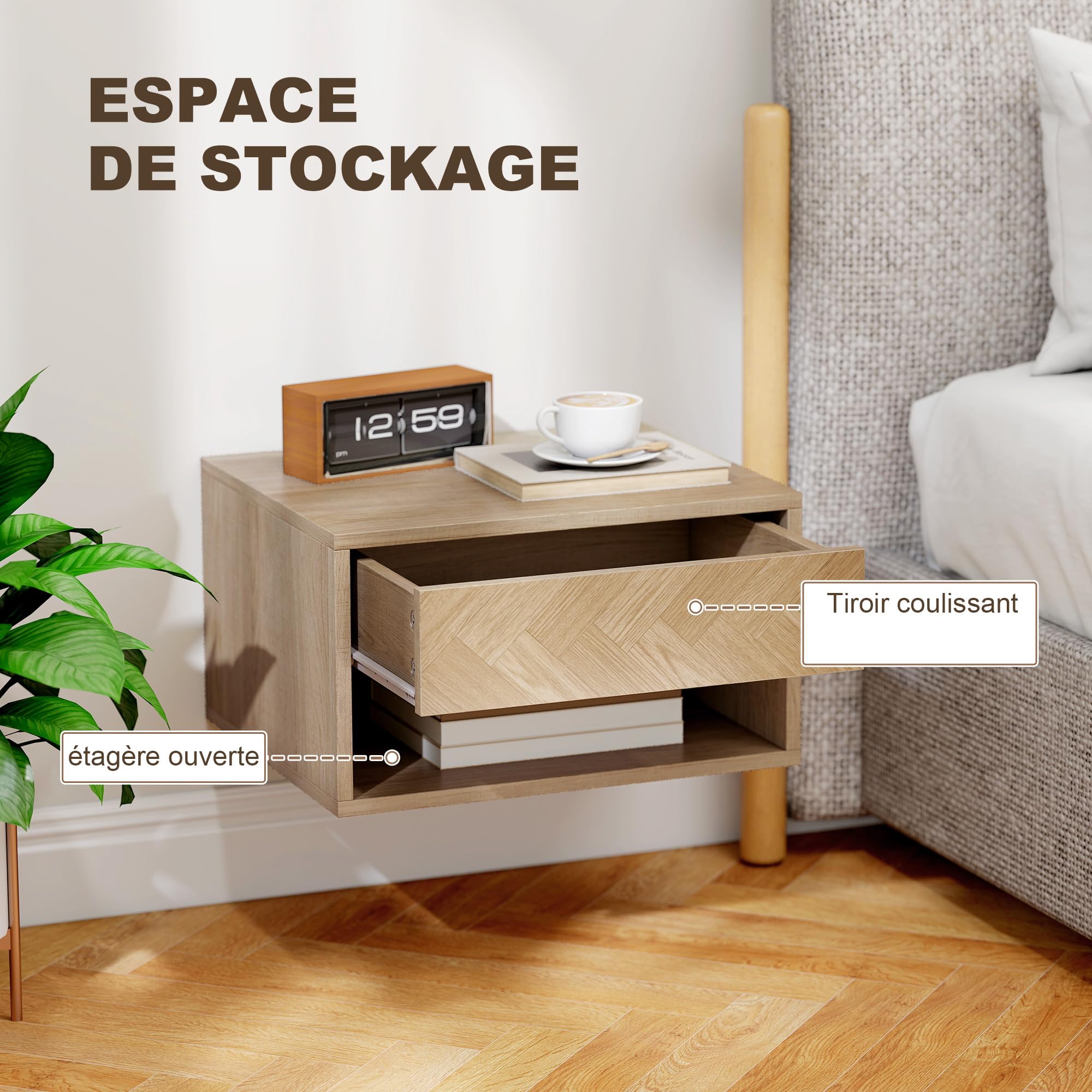 HOMCOM Lot de 2 Tables de Chevet murales, Tables de Nuit suspendues avec tiroir Coulissant, Compartiment Ouvert, Plateau, Style Moderne, 37 x 32 x 21 cm, Bois Naturel