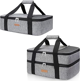 Single and Double Decker Insulated Casserole Carrier for Hot or Cold Food, Lasagna Lugger Tote for Potluck Parties/Picnic/Cookouts, Fits 9''x13'' Baking Dish, Grey