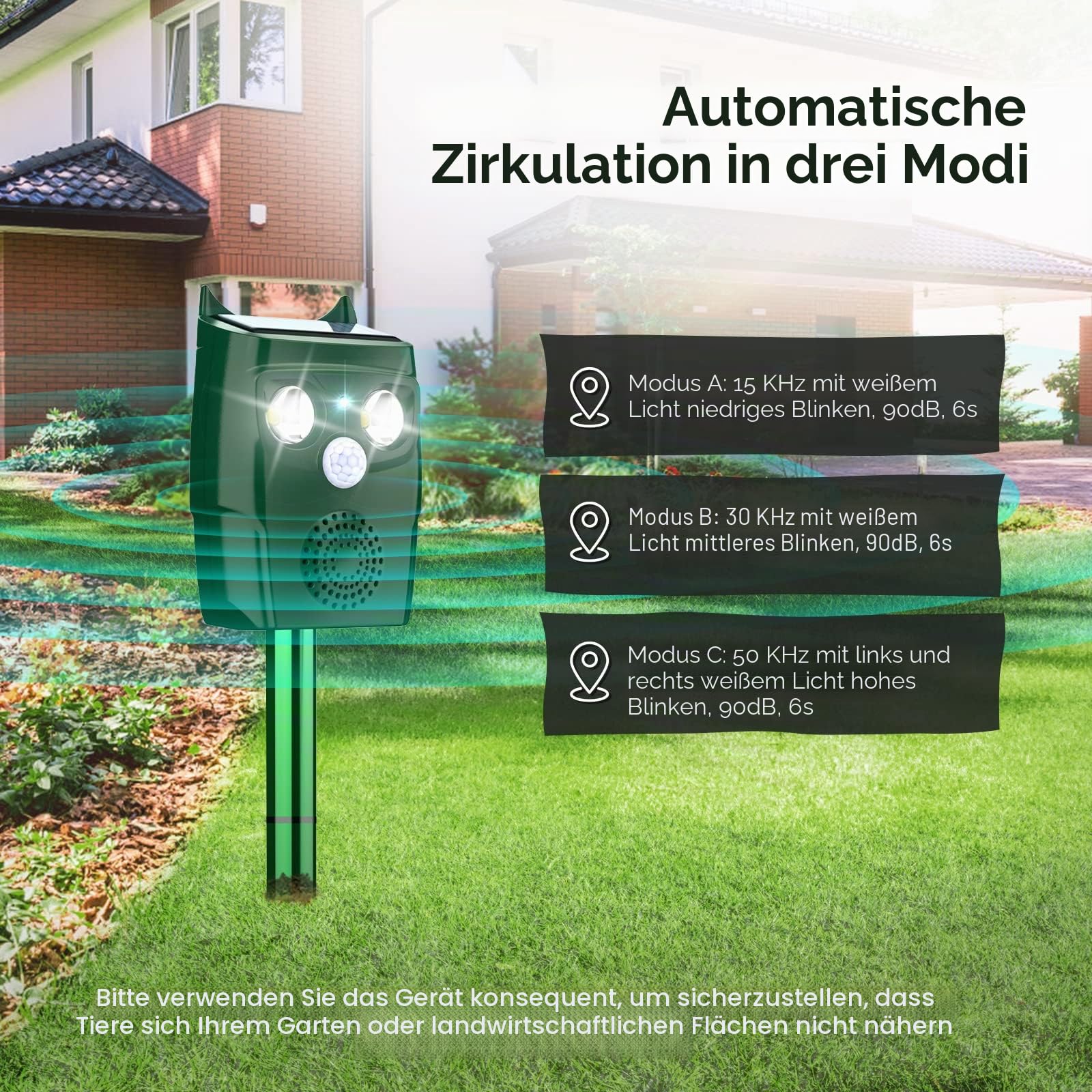 Katzenschreck für Garten, Katzenschreck Ultraschall mit Bewegungsmelder, 3 Ultraschall Modi und Blitz können Automatisch Tiervertreiber, Katzenabwehr, Marderschreck, Hundeschreck, Wetterfest, Solar