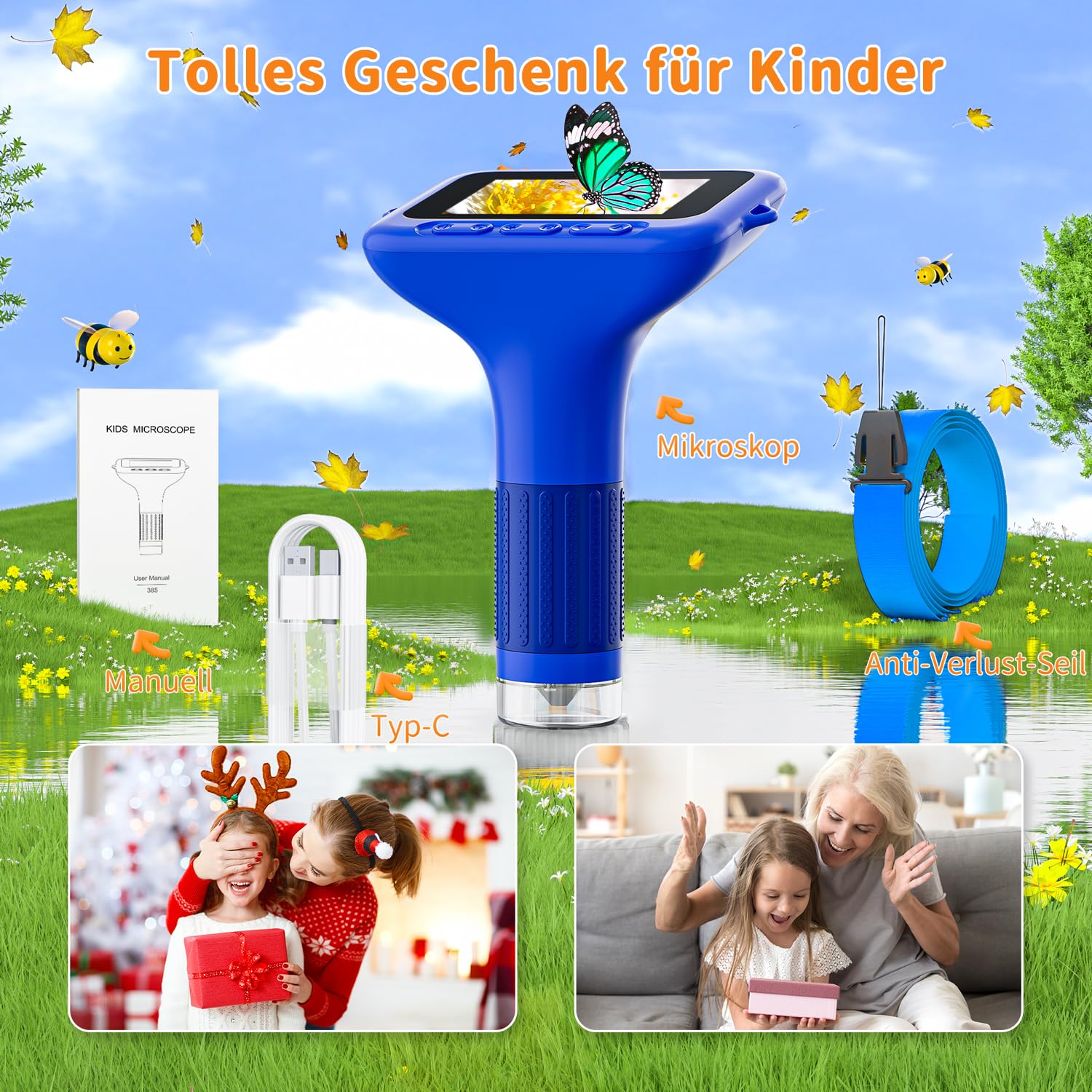 Digitales Mikroskop für Kinder, SKYBASIC Mini-Mikroskopkamera mit 3,0-Zoll-IPS-Bildschirm, 1000-fachem Zoom, tragbares Kindermikroskop, PC-kompatibel, Geburtstagsgeschenk für Kinder von 6-12 Jahren