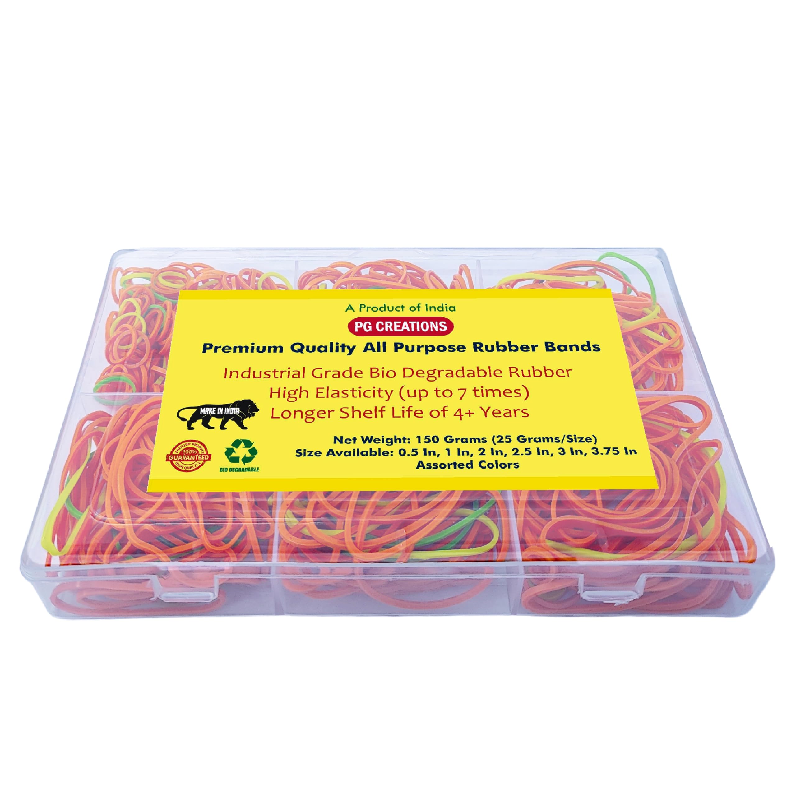 PG Creations 150 Grams, Rubber Bands with Storage Box, Assorted Sizes (0.5, 1, 1.5, 2, 3, 3.75 Inch) for Packing, Kitchen, Home & Office Use, Strong Durable Elastic Bands Set, Multicolour 1