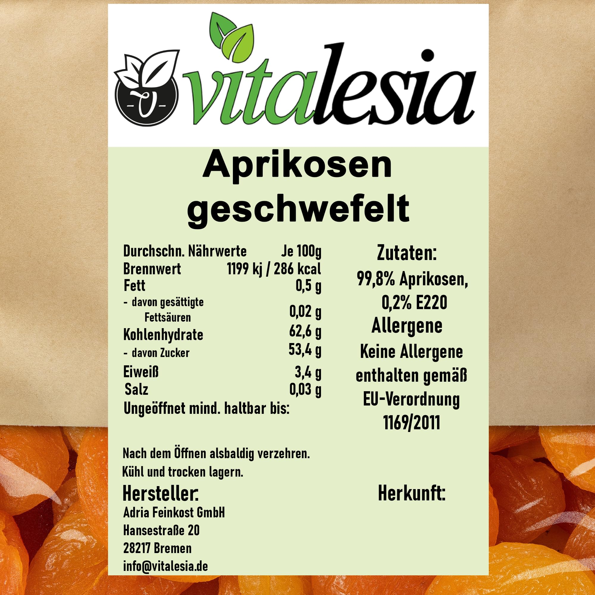 Vitalesia Aprikosen 5kg | geschwefelt | ohne Zuckerzusatz | Premium Aprikosen aus der Türkei | fruchtig‐süß & soft | Trockenfrüchte | vegan