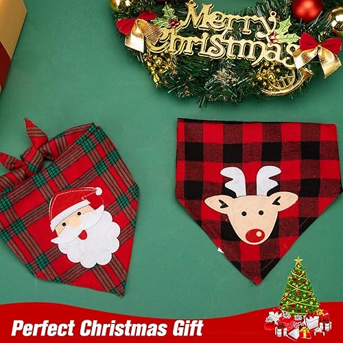 Miniatura 2 de PAWCHIE 2 bandanas navideñas para perros con apliques hechos a mano (Santa Claus y alce), bufandas triangulares lavables a cuadros para cachorros
