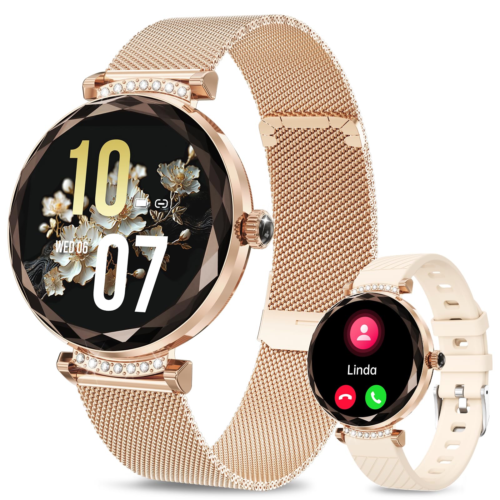 Smart Watches for Women Answer/Make Call, 1.19" AMOLED Smartwatch with Bluetooth for Android iOS Phones, IP68 Waterproof Fitness Tracker with Heart Rate SpO2 Sleep Monitor, Rose Gold