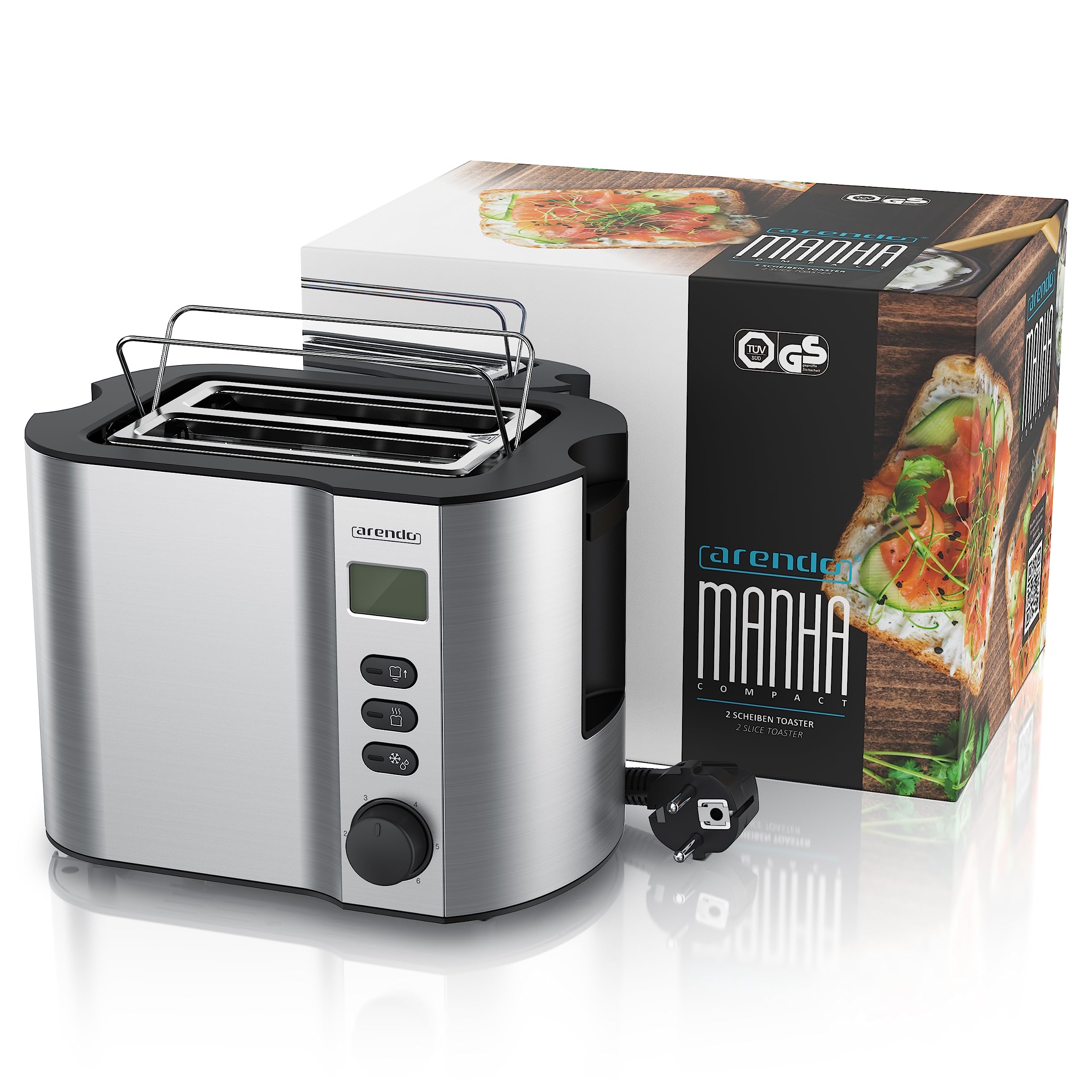 Arendo - Toaster 2 Scheiben Edelstahl mit Restzeitanzeige - 800 Watt - Doppelwandgehäuse - Integrierter Brötchenaufsatz - 6 Bräunungsgrade - kurz - Brotscheibenzentrierung – beleuchtetes LCD-Display