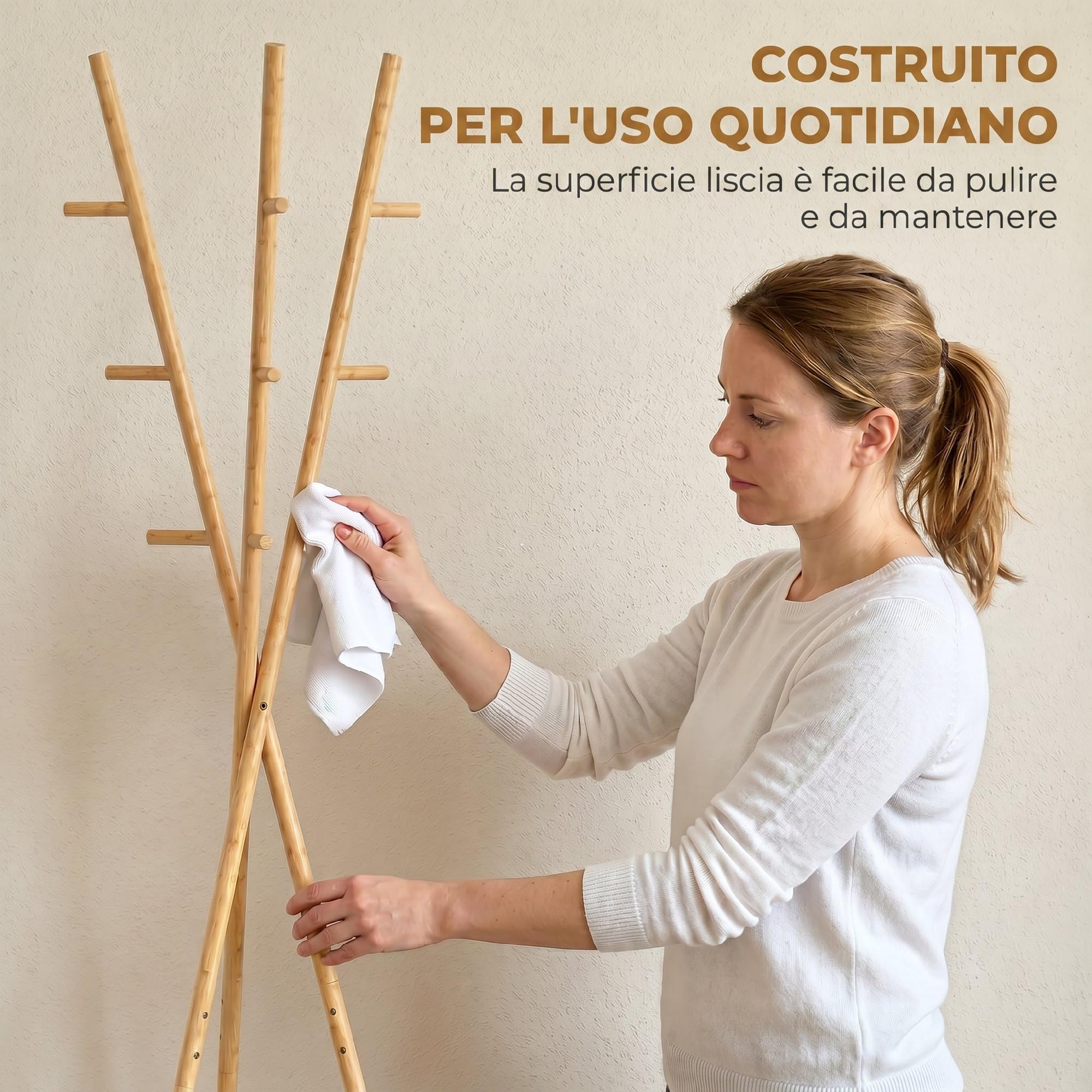 HOMCOM Appendiabiti da Terra in Bambù Rotondo con 2 Ripiani, Attaccapanni da Terra per Ingresso, Forma Albero Autoportante con 9 Ganci, Naturale
