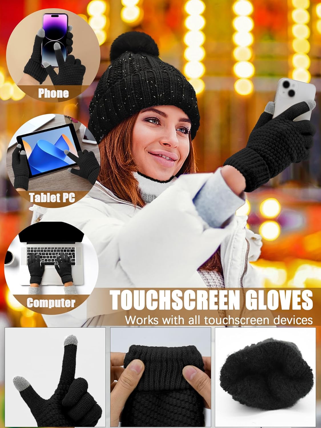 5 Pcs Womens Hat Scarf Gloves Set Winter Fleece Ear Muffs Warm Socks Outdoor Touch Screen Gloves Beanie Skull Cap - Image 2