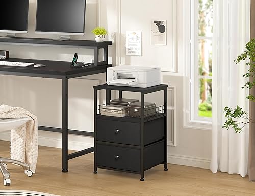 Miniatura 9 de Juego de 2 mesitas de noche de 17.8 pulgadas de ancho con cajones de tela y estante de madera abierto, red de seguridad en ambos lados de la mesa