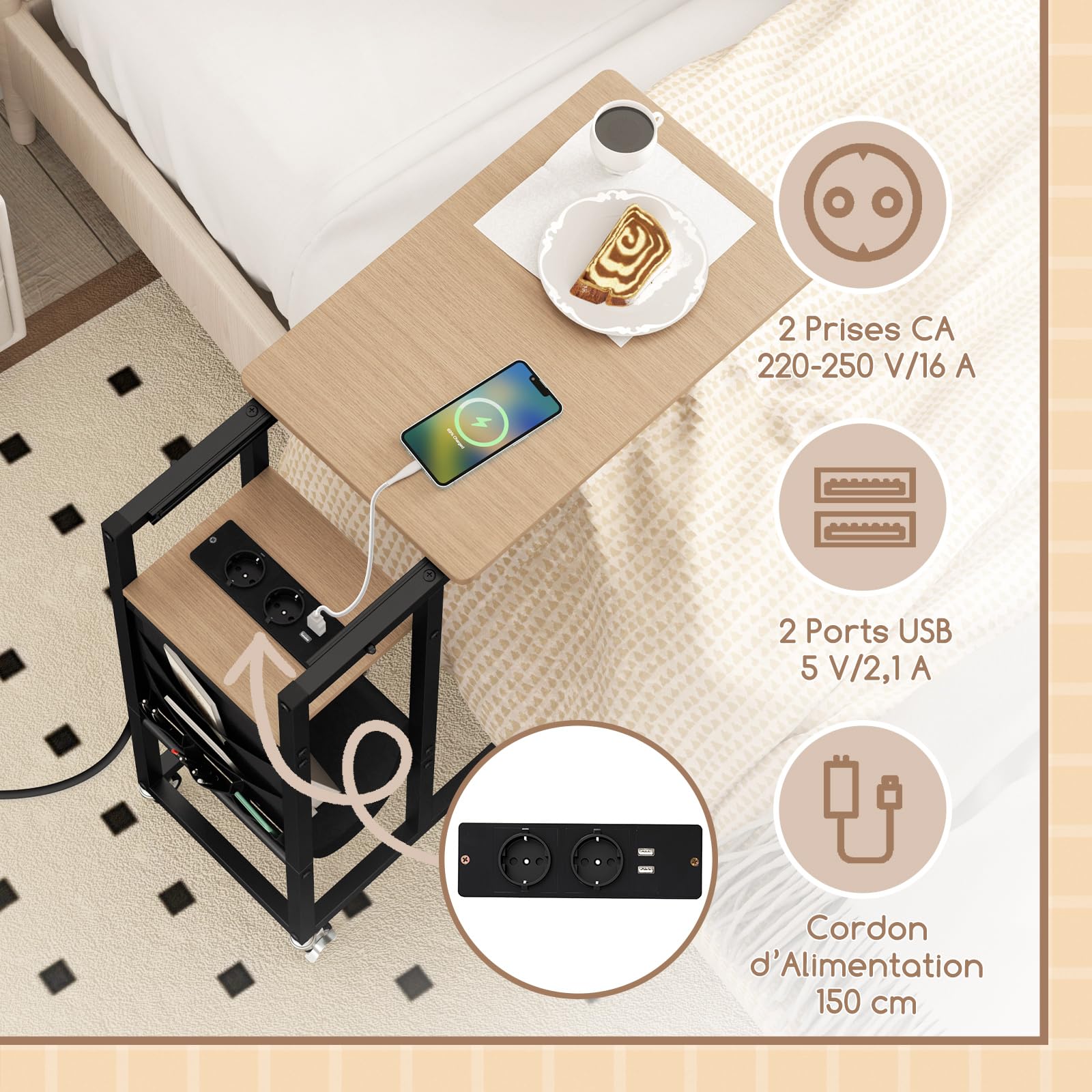 COSTWAY Table d'Appoint à roulettes avec Prise, Plateau Extensible, Bout de Canapé en Forme C, 2 Prises, 1 Port USB, Porte-Revues, 5 Pochettes, Table de Lit a Roulette pour Chambre (Naturel)