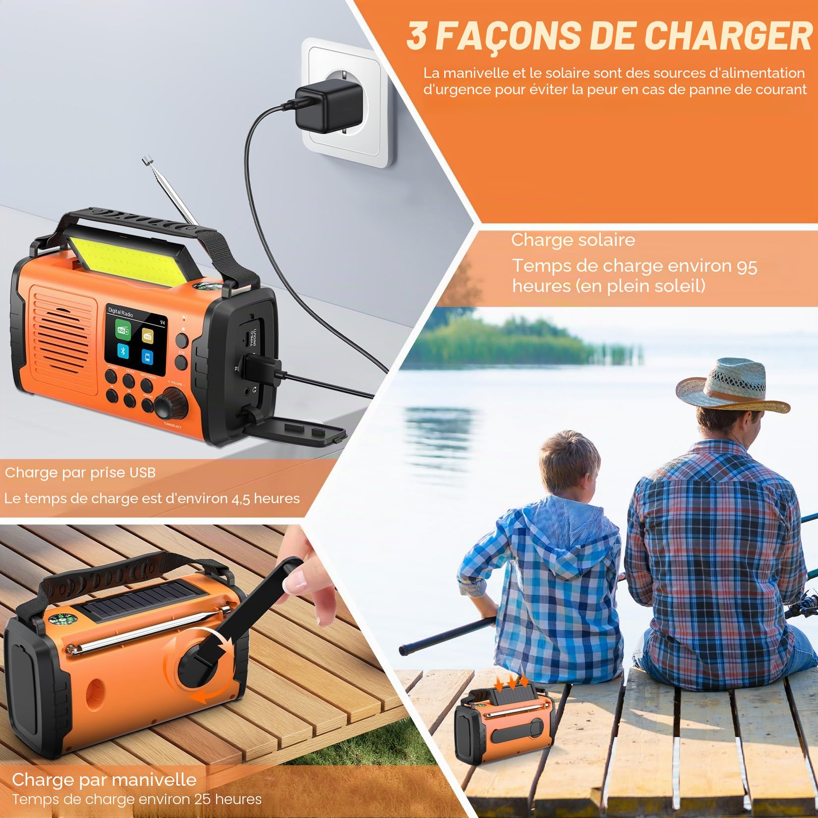 20000mAh Radio Survie Dab+ FM, Radio Solaire Portable Bluetooth avec Réveil, Alarme SOS d'urgence, Lampe de Poche Et Lampe de Lecture de Lampe de Lecture & Lampe Torche LED (Orange)