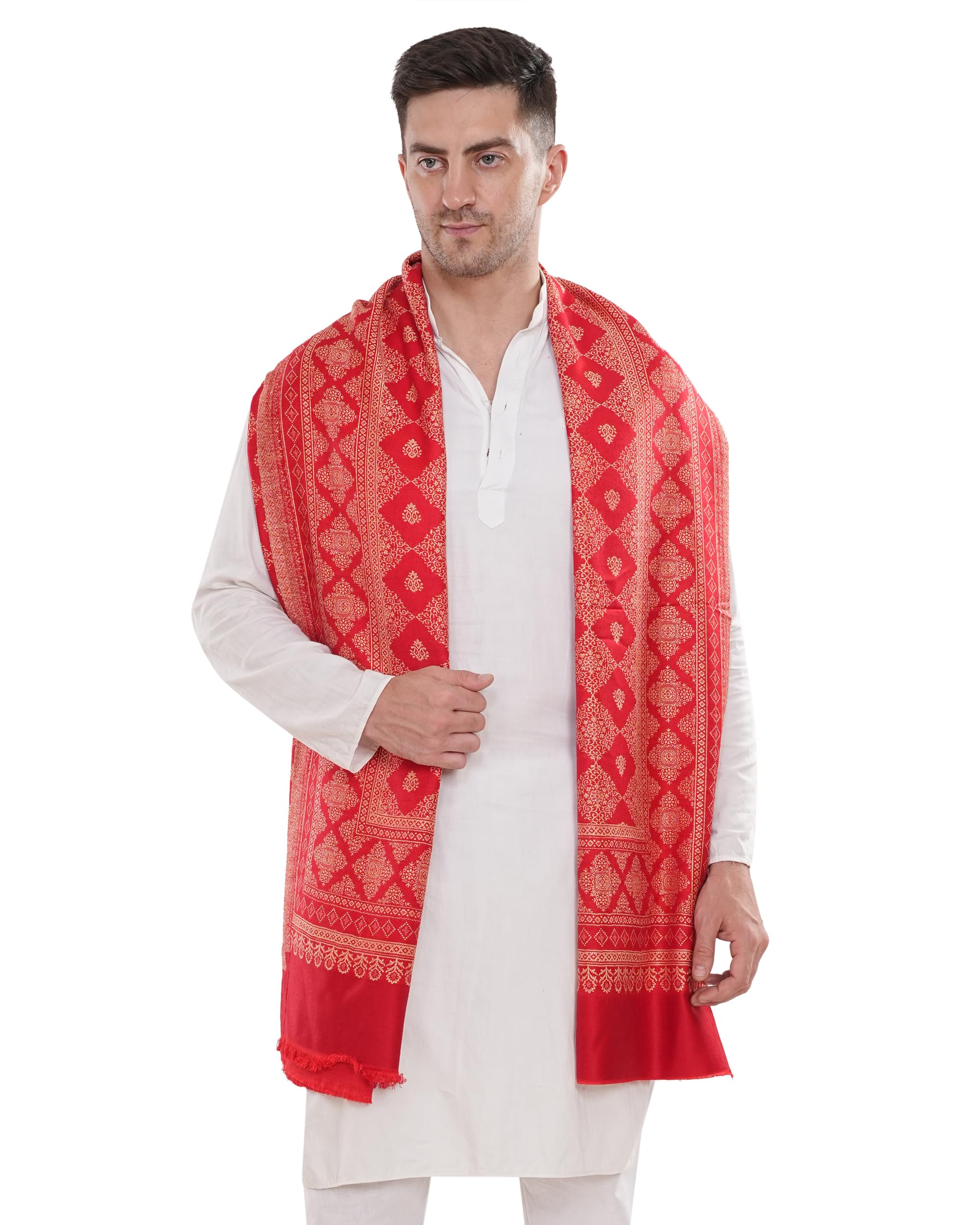 Men’s Kashmiri Wool Shawl with Geometric Floral Jaal Pattern – Stole for Ethnic & Formal Wear-image-45